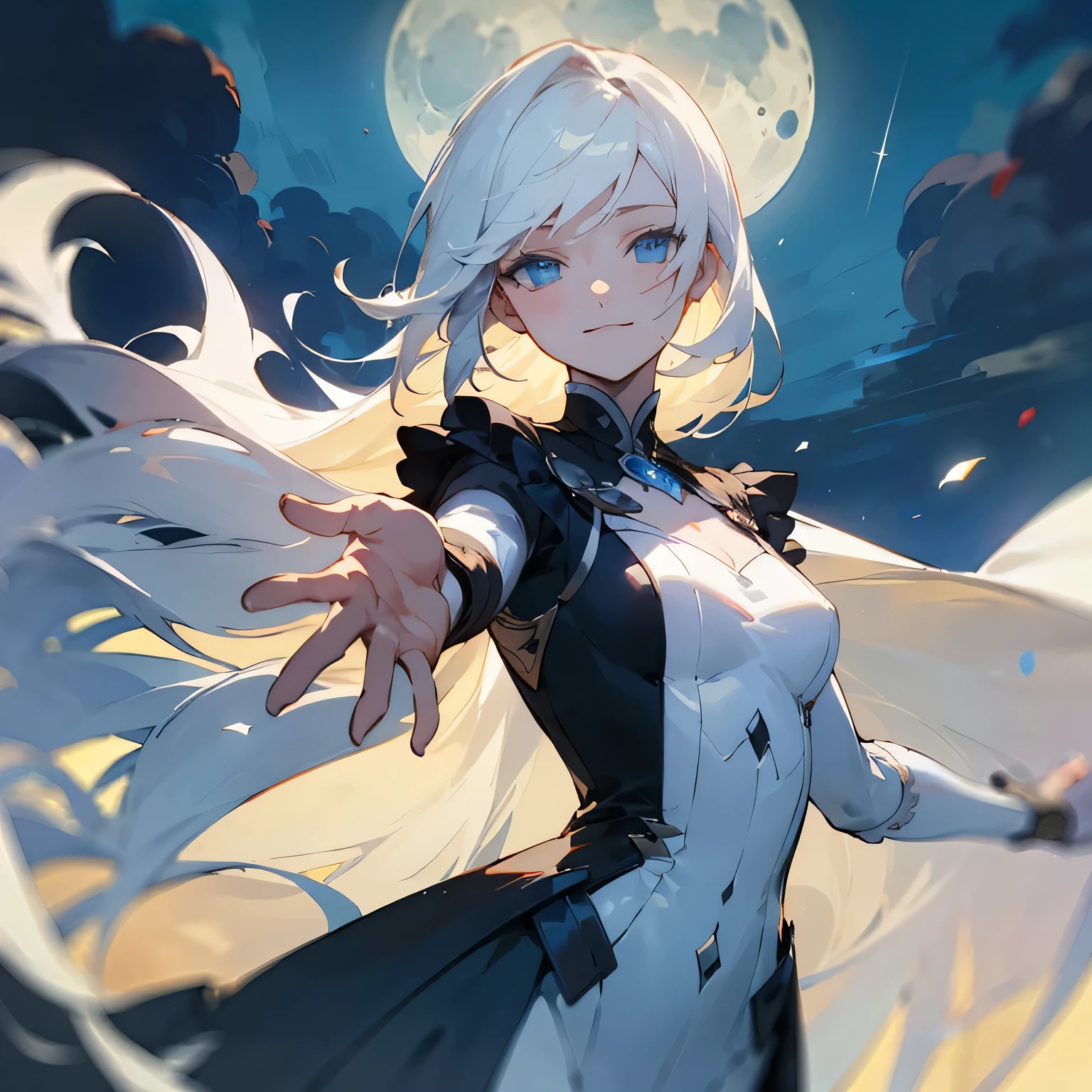 masterpiece, Highest quality, (alone focus), (Perfect Face:1.1), (High detail:1.1),dramatic, 1 person, (Pale skin), Long white hair, White eyes, alone, Long Hair, moon, night, White luxury suit, Covered navel, Pouting, Covered, Future City, Detailed Background, art:artgerm と greg rutkowski, Cinema Lighting,