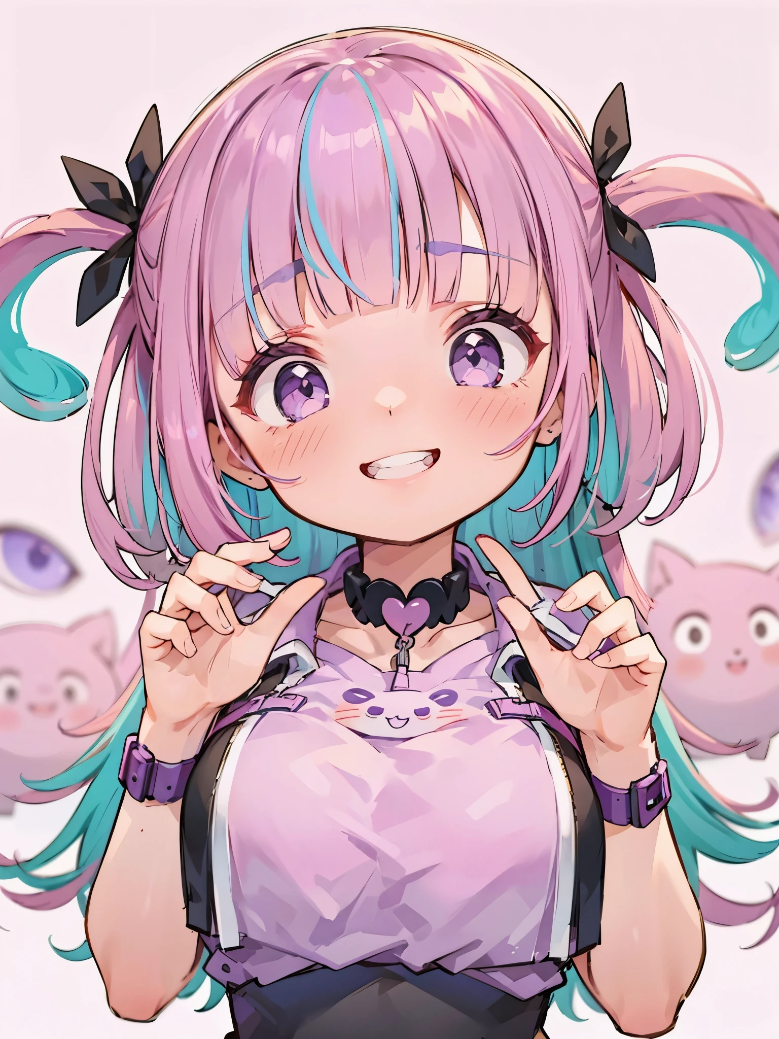 Pink hair, purple eyes, upper body, ((smile face)), detailed eyes, beautiful eyes, high res, blush, wide open eyes, grin, surprised face,