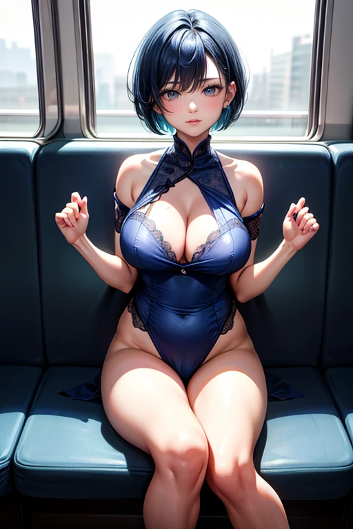 (best quality, 4k, 8k, highres, masterpiece:1.2), blue hair、Shorthair。bobhair。breasts are big and beautiful.。on train、sitting on the seat。Please show your panties to the person in front of you.。