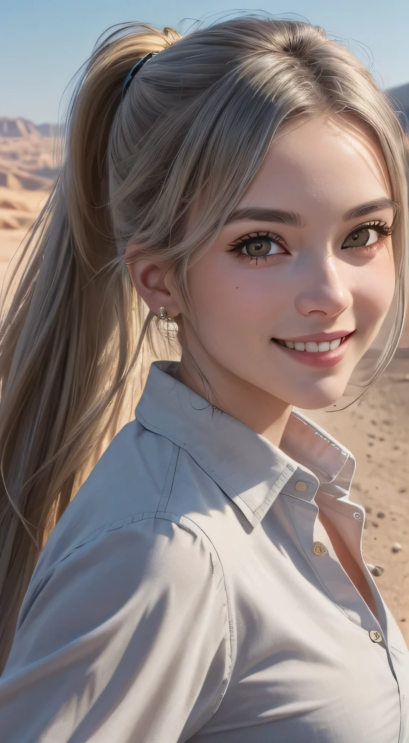 (masterpiece:1.2),(best quality), (ultra detailed), (8k, 4k, intricate),(halft body:1.2),(highly detailed:1.2),(detailed face:1.2), (detailed background), (portrait),detailed landscape, years 1800 town in the desert, (dynamic pose:1.2), 1girl, solo, long pony tail hair, looking at viewer, (white loose shirt), smile, gold eyes, gray hair, upper body