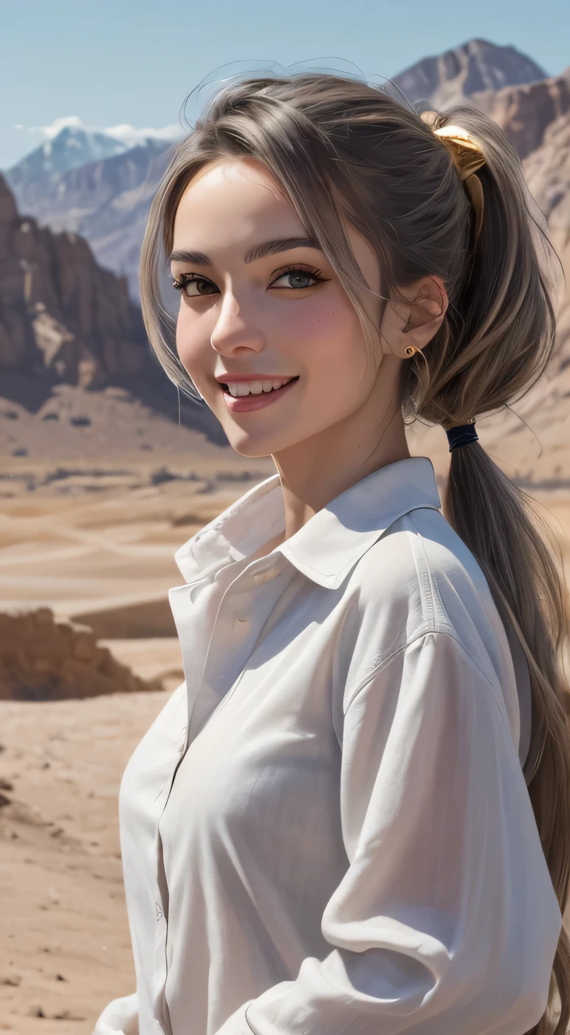 (masterpiece:1.2),(best quality), (ultra detailed), (8k, 4k, intricate),(halft body:1.2),(highly detailed:1.2),(detailed face:1.2), (detailed background), (portrait),detailed landscape, years 1800 town in the desert, (dynamic pose:1.2), 1girl, solo, long pony tail hair, looking at viewer, (white loose shirt), smile, gold eyes, gray hair, upper body