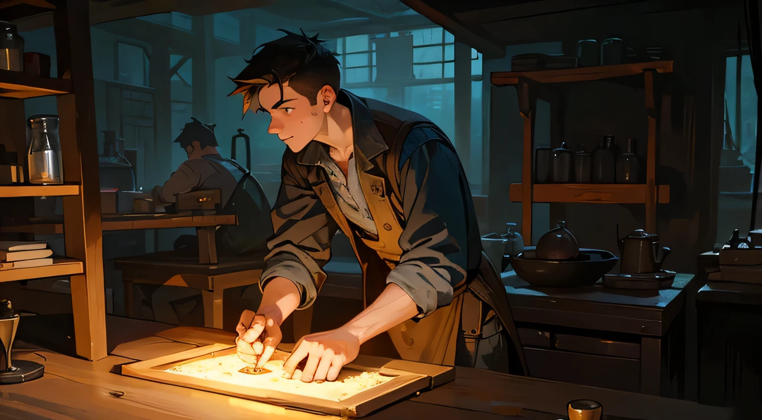 A young man working as a blacksmith in a detailed background with a blacksmith working station. The background should have dim lights, vivid colors, and be ultra-detailed. The man should be the main focus with a realistic depiction.