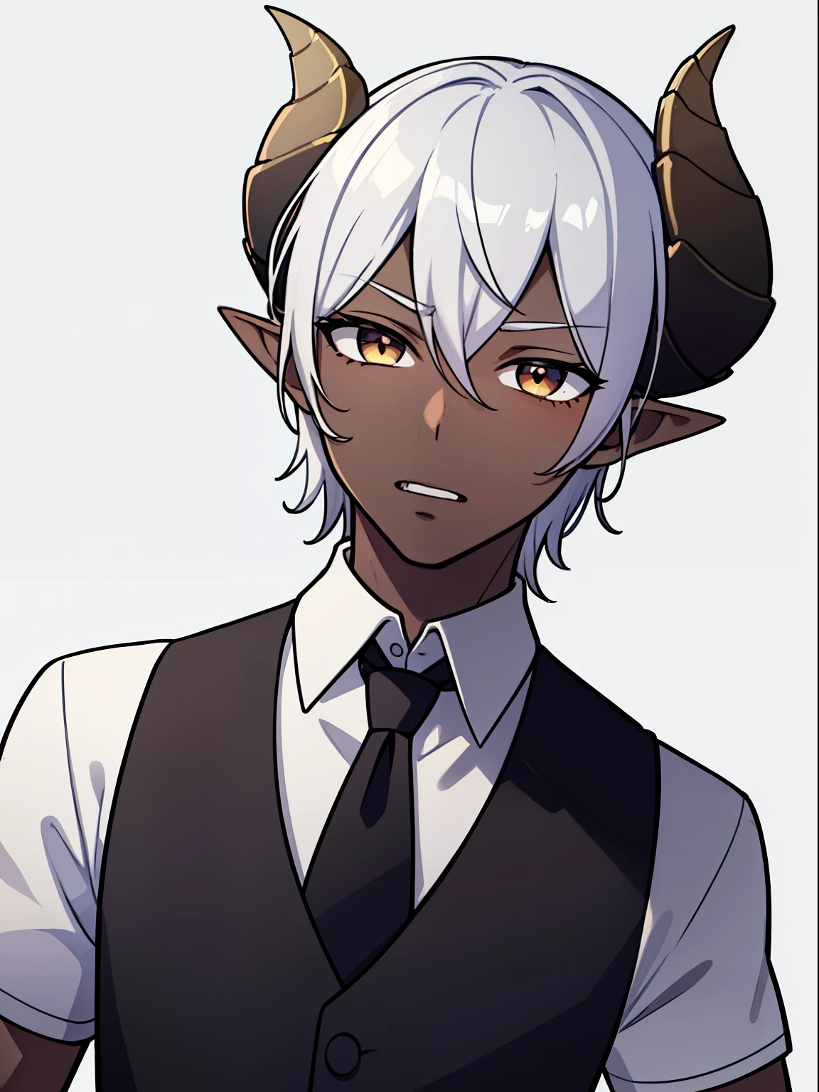 1boy,20s,solo,(serious face),open mouth,((dark skin)),white shirt,black tie,black vest,Short hair,yellow eyes,light platinum hair,elf ears,(horns),(white background,line drawing),portrait,from front