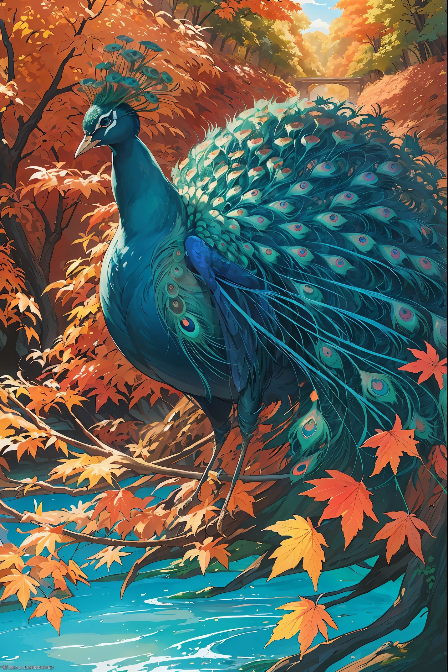 (masterpiece, top quality, best quality, official art, beautiful and aesthetic:1.2), (peacock), extreme detailed, colorful,highest detailed,illustrations, artistic fusion,fantastical scenes,striking visuals, autumn, autumn_leaves,falling_leaves, leaf, leaf_background, leaf_print, maple_leaf, nature,outdoors,waterfall, flying maple leaf