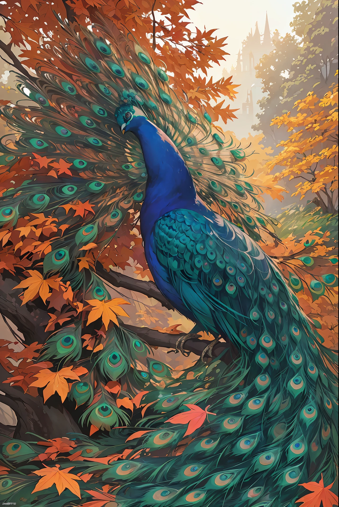 (masterpiece, top quality, best quality, official art, beautiful and aesthetic:1.2), (peacock), extreme detailed, colorful,highest detailed,illustrations, artistic fusion,fantastical scenes,striking visuals, autumn, autumn_leaves,falling_leaves, leaf, leaf_background, leaf_print, maple_leaf, nature,outdoors,waterfall, flying maple leaf