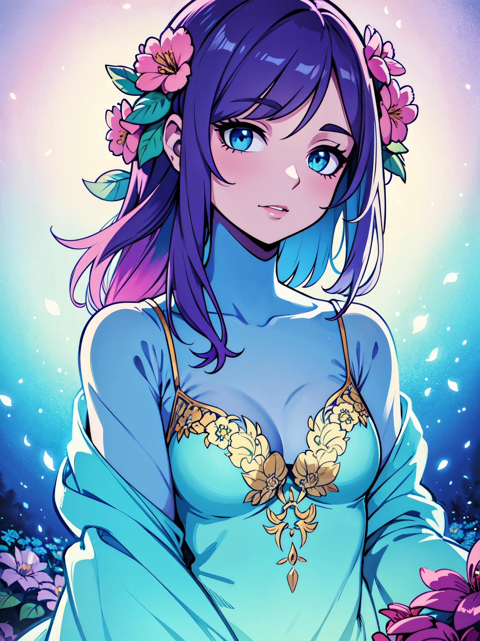 detailed flowers, vibrant colors, soft lighting, ethereal atmosphere, upper body portrait