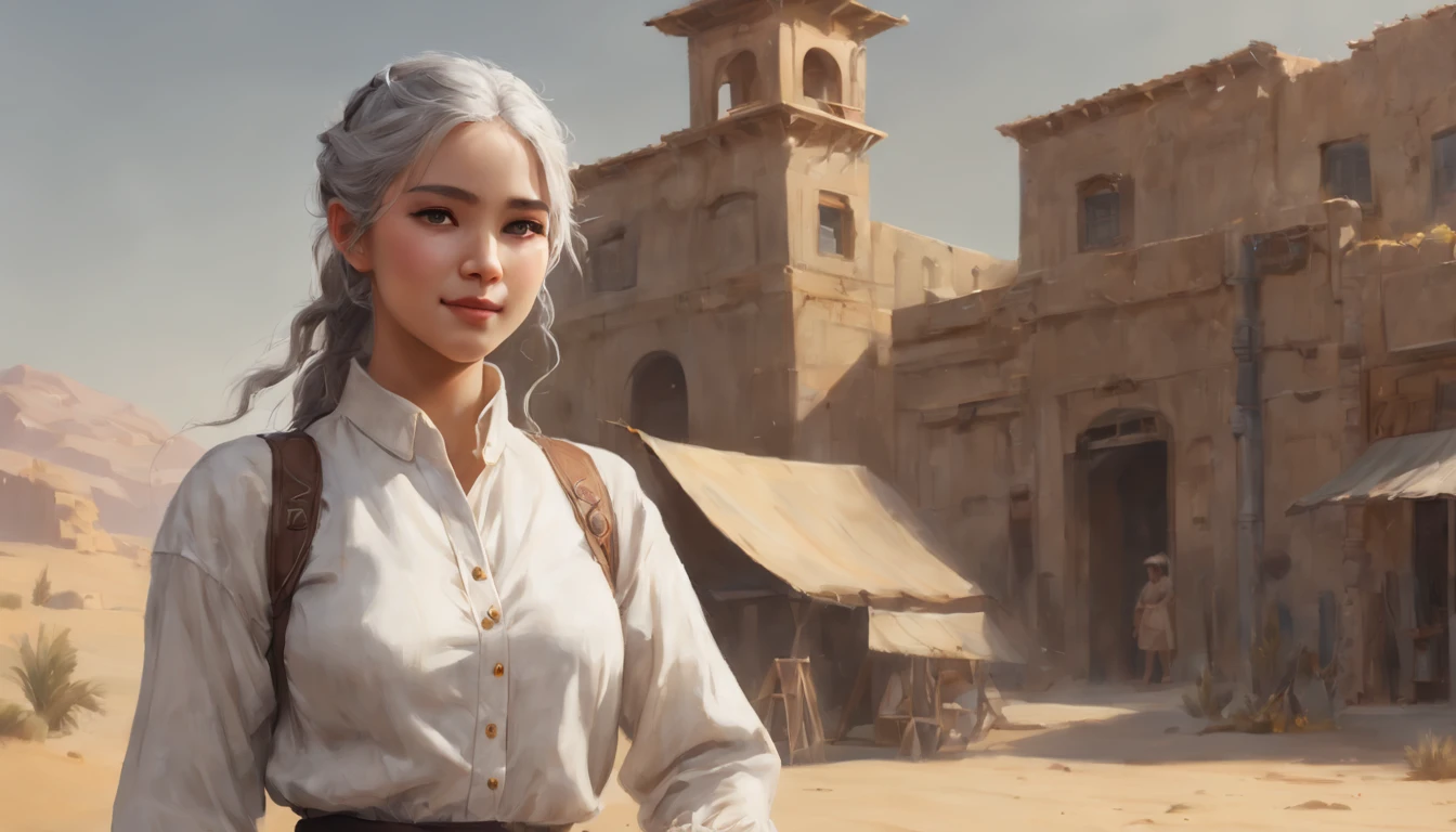 (masterpiece:1.2),(best quality), (ultra detailed), (8k, 4k, intricate),(halft body:1.2),(highly detailed:1.2),(detailed face:1.2), (detailed background), (portrait),detailed landscape, years 1800 town in the desert, (dynamic pose:1.2), 1girl, solo, long pony tail hair, looking at viewer, (white loose shirt), smile, gold eyes, gray hair, upper body