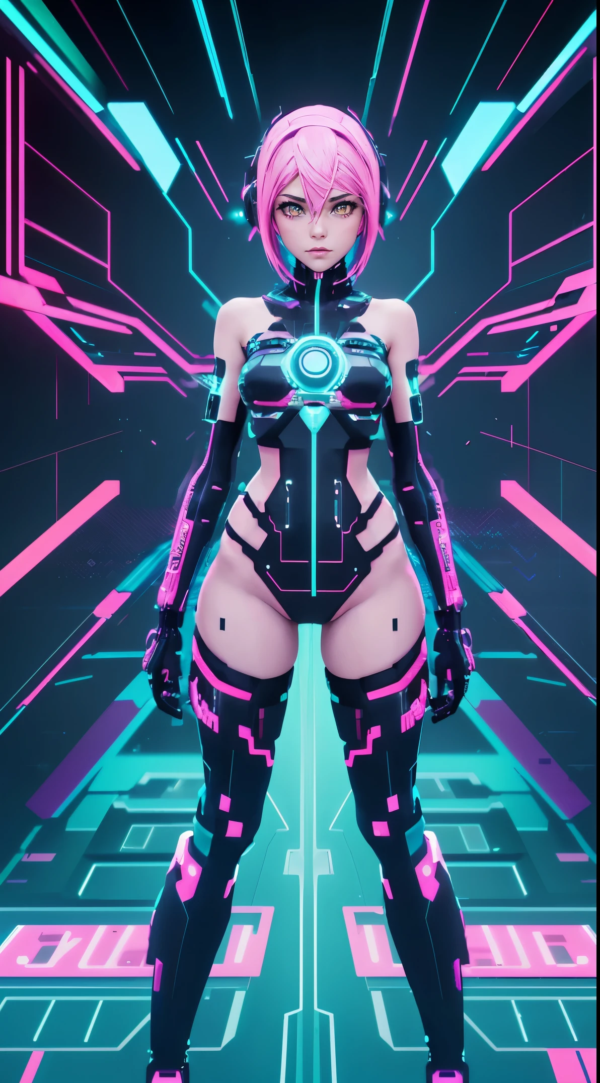 solo, 1girl, full body nude, (electric Aqua pink hair), (electric yellow eyes), ((Cyber punk outfit)), (symmetrical eyes), (Perfect face), (Perfect Anatomy), (looking at viewer), (cyber shot), ((Glitch Art background)), (glitch art:1.3) ((glitch effect)), (8k), (HD), (Cinematography)