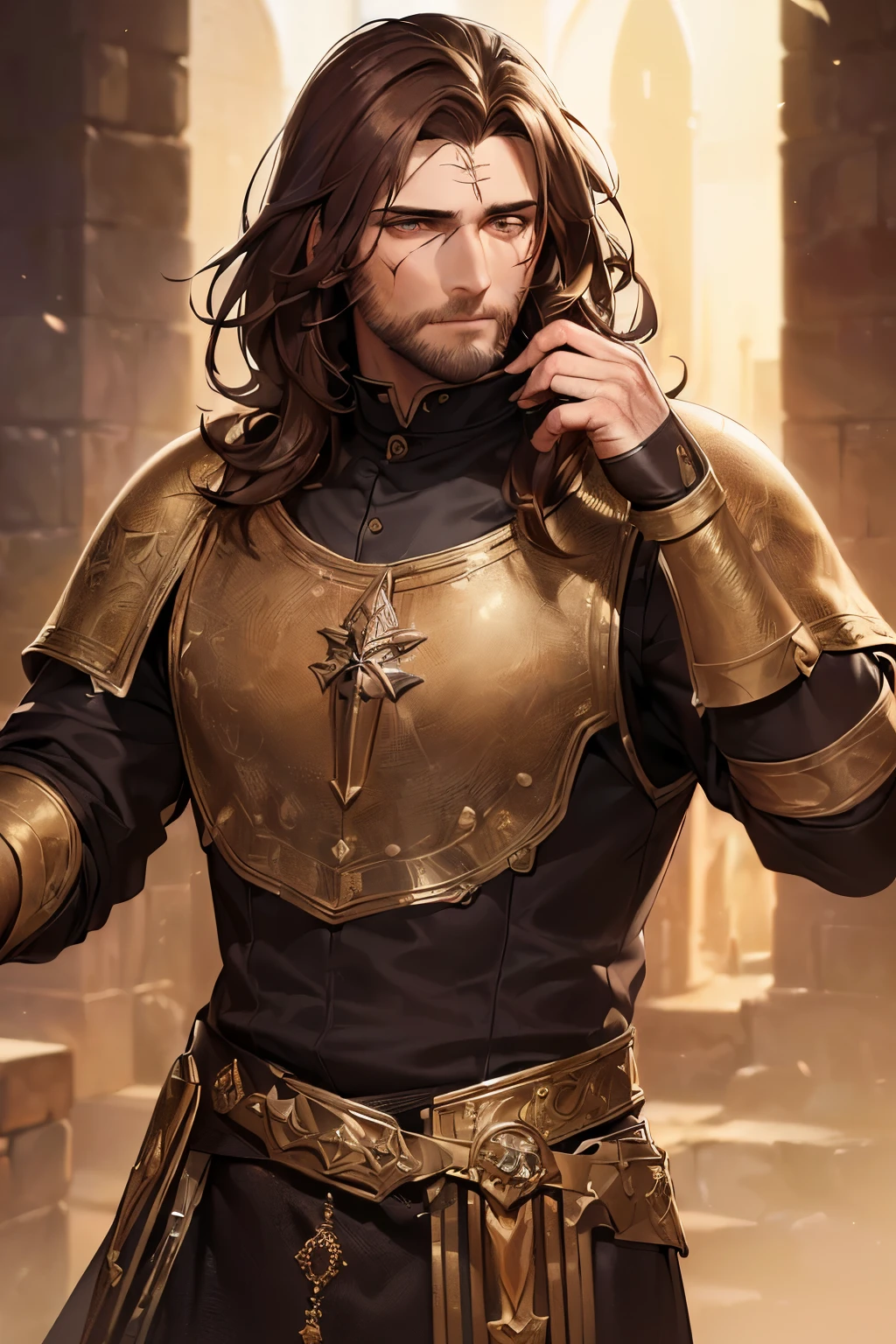 (masterpiece, best-quality, high resolution :1.3), (8k), ((medieval era)) ((30 year old man, brown hair, white skin)), (burn scar in face :1.3), realistic warrior golden armor, ((dark style, gothic style)) [bandages]