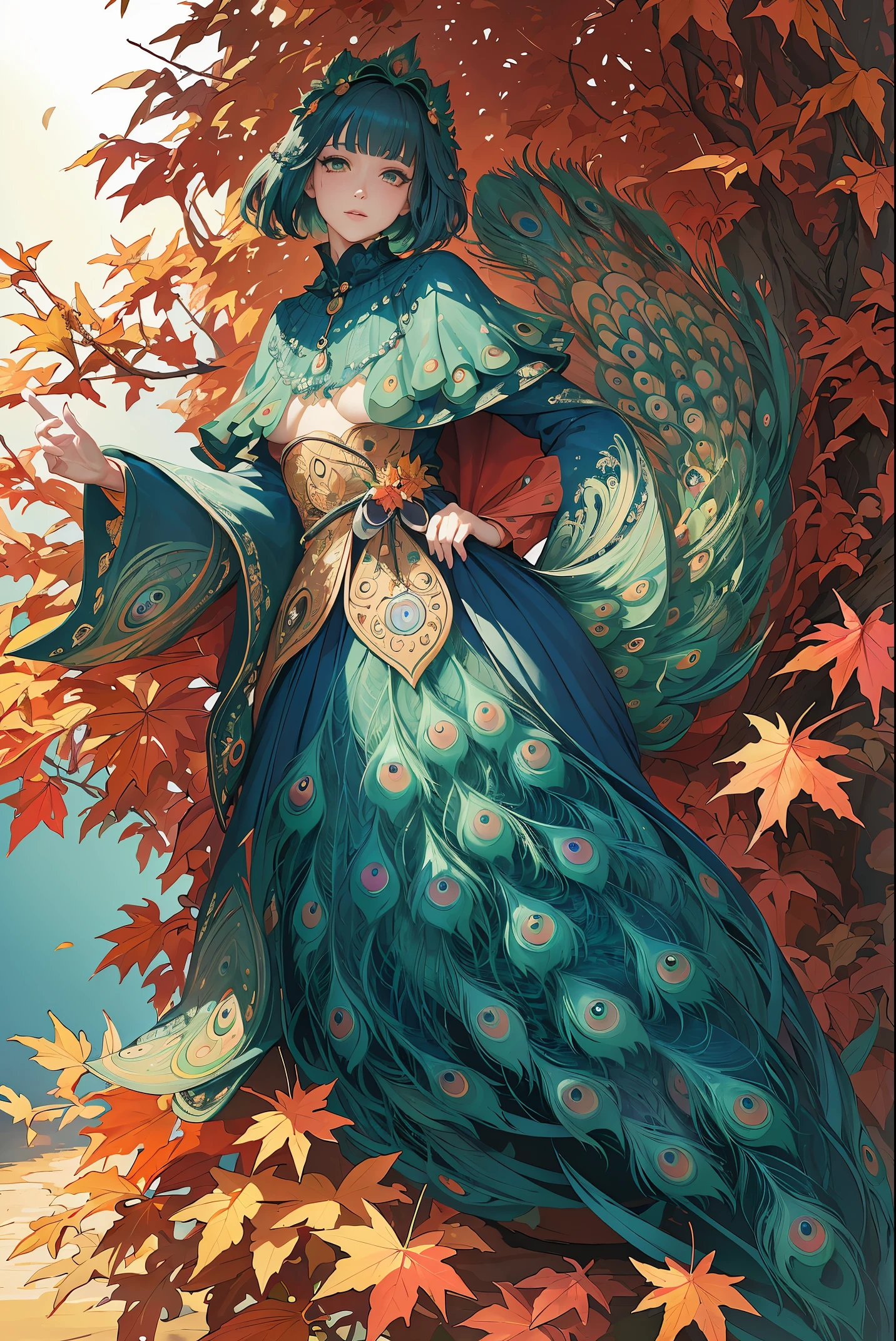 (masterpiece, top quality, best quality, official art, beautiful and aesthetic:1.2), (peacock), extreme detailed, colorful,highest detailed,illustrations, artistic fusion,fantastical scenes,striking visuals, autumn, autumn_leaves,falling_leaves, leaf, leaf_background, leaf_print, maple_leaf, nature,outdoors,waterfall, flying maple leaf