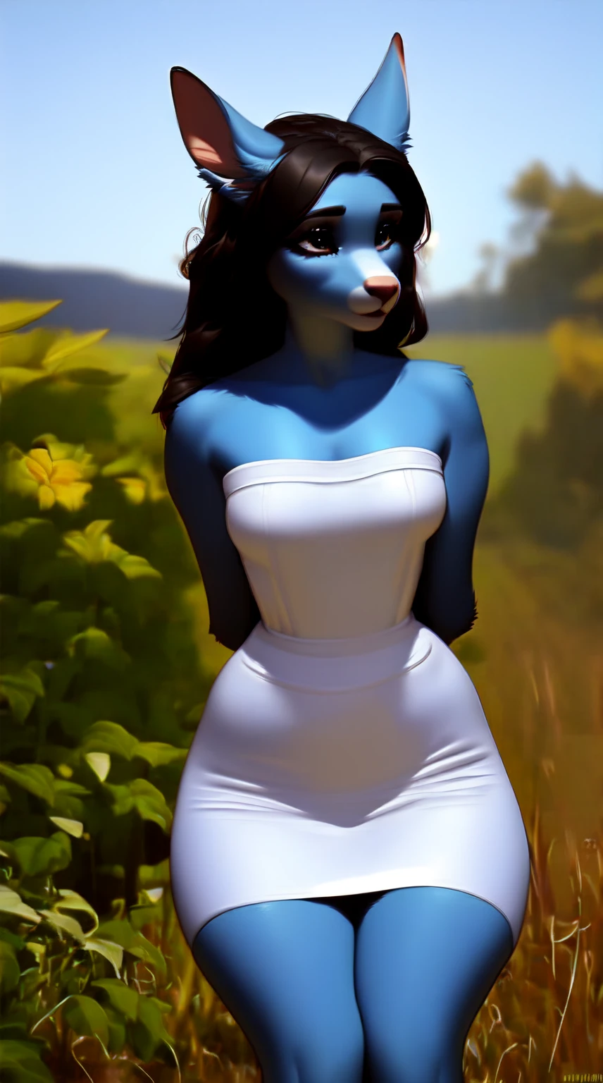 (score_9), (uploaded to e621), ((anthro oc1.1)), (strapless dress), worried look, messy hair, sad face, frowning, anatomically correct, night garden, small breasts, half body, solo, hourglass figure, curvy, plump body, arms tied behind back, thick thighs, cute, high res, facing straight ahead, realistic fur, realistic hair, cute snout, perfect eyes, looking up, head tilted up,