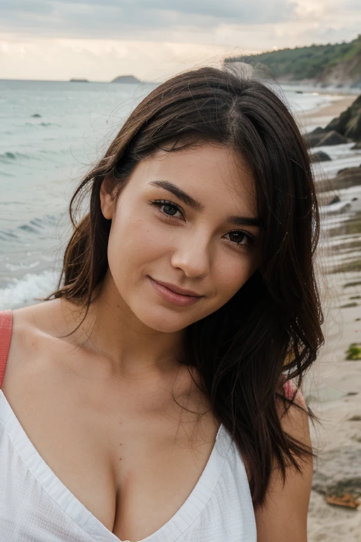 woman's face with a beach behind