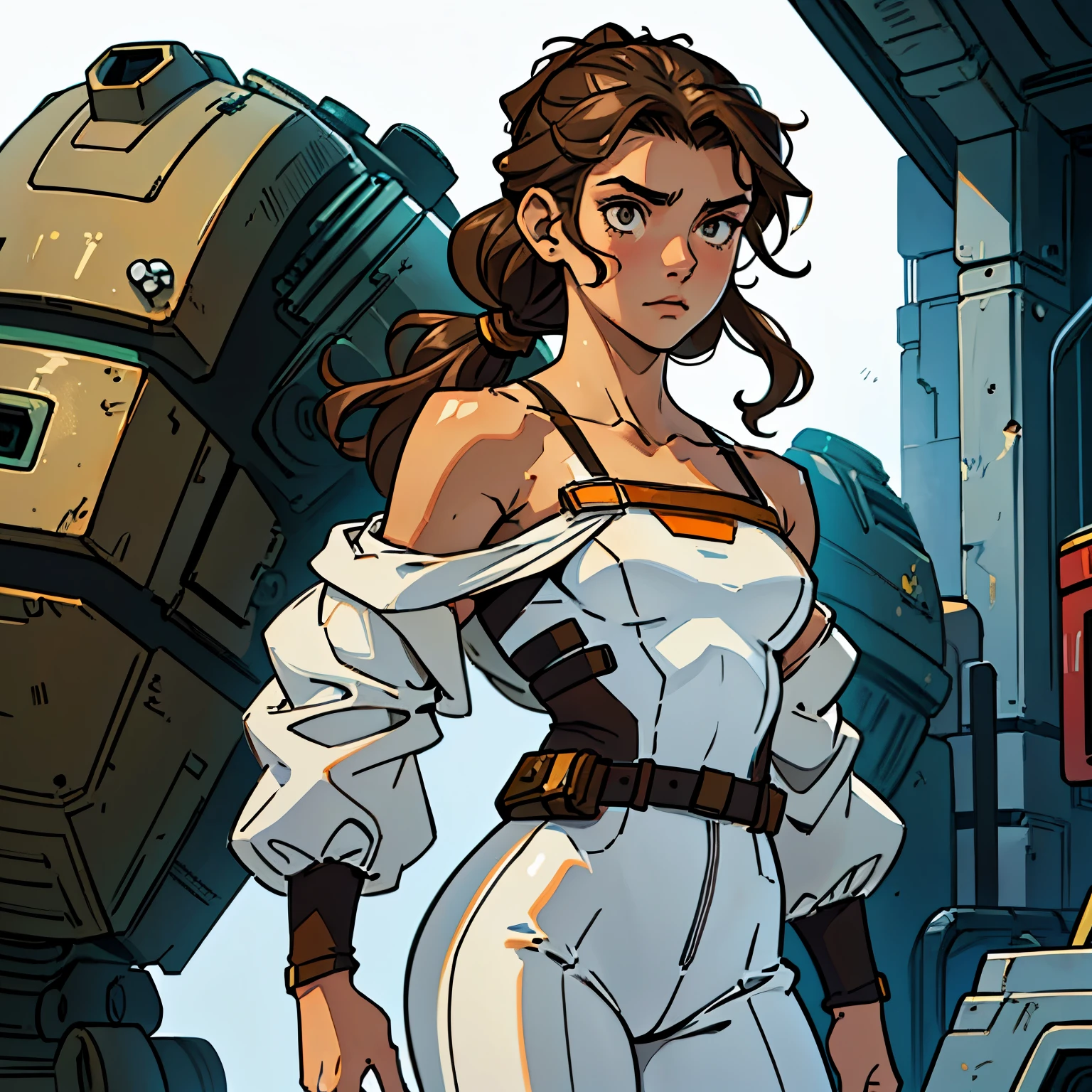 (Caucasian ager), 18 years old, hazel eyes, (wavy brown hair), (hair tied back), medium hair, small breasts. She wears a white, off-the-shoulder sci-fi suit, bare shoulders, solo, front view