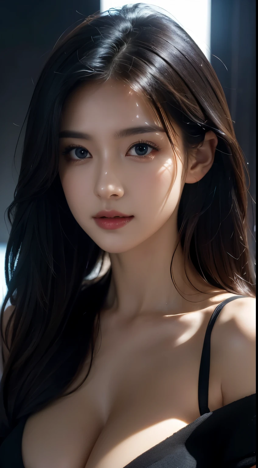 ultra high res, masterpiece, best quality, perfect glossy shiny skins, dark grey background, black classical dress, perfect lighting, detailed lighting, dramatic shadows, ray tracing, 1girl, black sweater, looking at viewer, off shoulder, Big breasts, Exposed cleavage, blue Eyes, sharp face, sharp eyes, brawn shawl straight hair , nsfw, ((Dark background)),, Sexy face, Facial expressions when receiving pleasure,