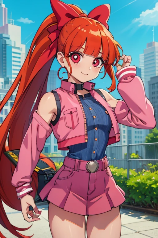 1girl, ppgzmmk, long hair, red hair, hair bow, blunt bangs, ponytail, red eyes, bright pupils, (pink crop sleeveless shirt, long sleeves, striped sleeves:1.1), (denim, short skirt:1.1), standing, smile, looking at viewer, closed mouth, city