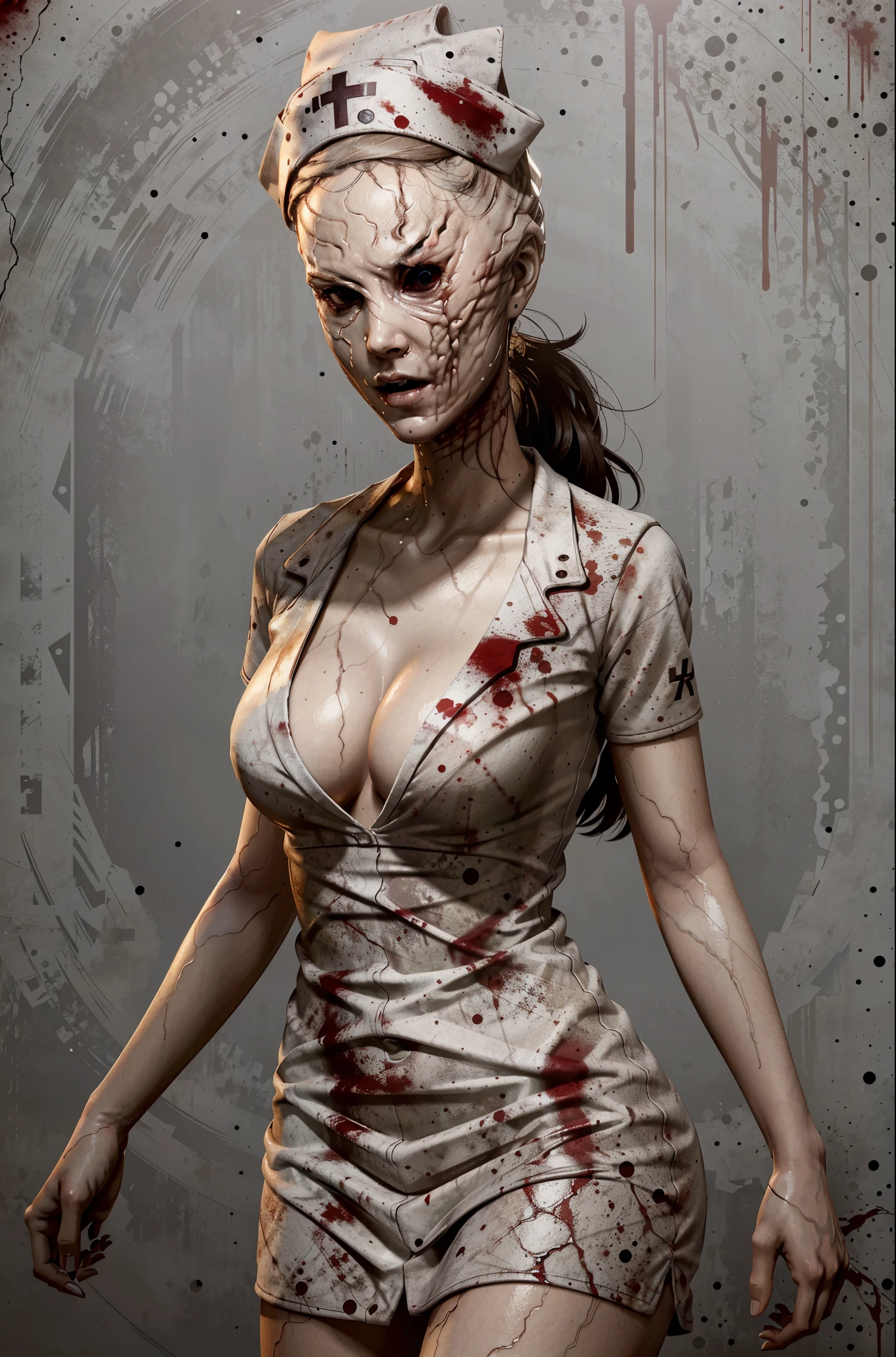 (masterpiece, best quality)
SilentHillNurse, 1girl, solo, hat, dress, cleavage, short sleeves, faceless female, blood, monster girl, faceless, nurse cap, nurse, blood on clothes, no eyes, horror \(theme\), background complexo, forest snow ice, more detail.