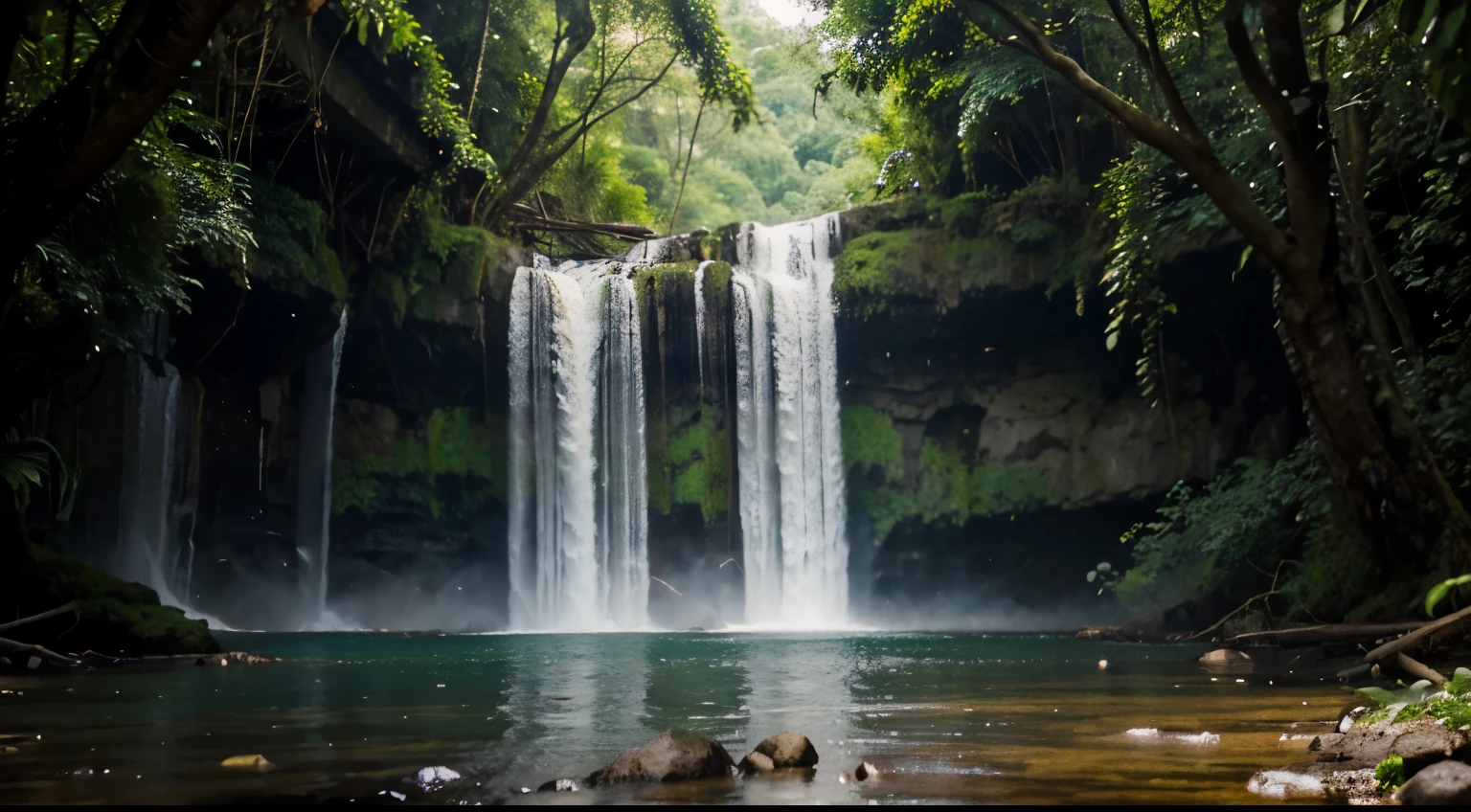beautiful landscape photo, waterfall and jungle detailed