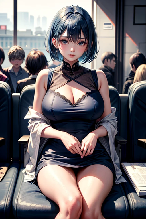 (best quality, 4k, 8k, highres, masterpiece:1.2), blue hair、Shorthair。bobhair。breasts are big and beautiful.。On a crowded train、sitting on the seat。Please show your panties to the person in front of you.。Please dress well and wear layers.。