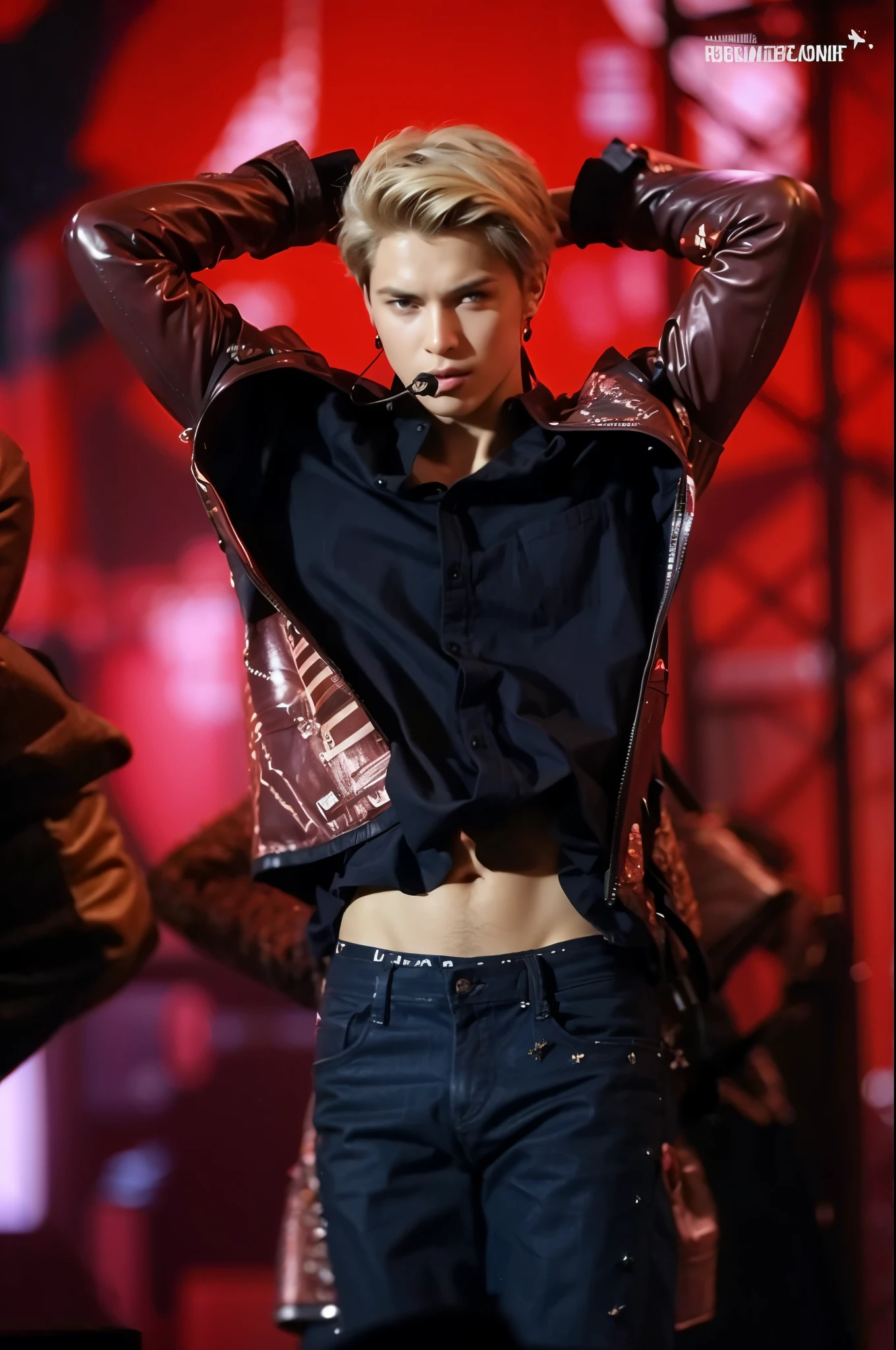 35-year-old Chinese-Japanese man, Idol and singer of a musical group a Rockstar, with a skin fade haircut with a toupee, defined abs, Cold look, similar to sid vicious