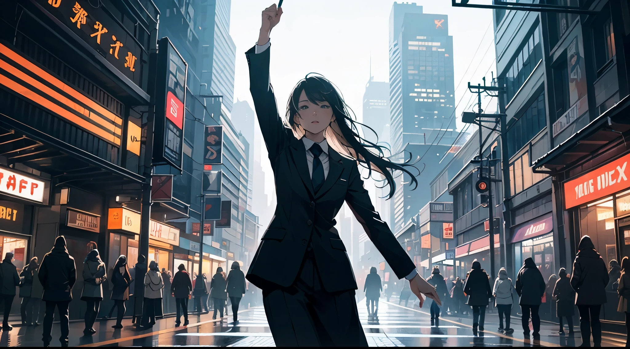 A neon-lit cityscape with skyscrapers casting long shadows, the protagonist dancing on the rooftop, surrounded by a mix of futuristic and classic architecture, emphasizing the contrast of modernity and tradition,vibrant colors,  5