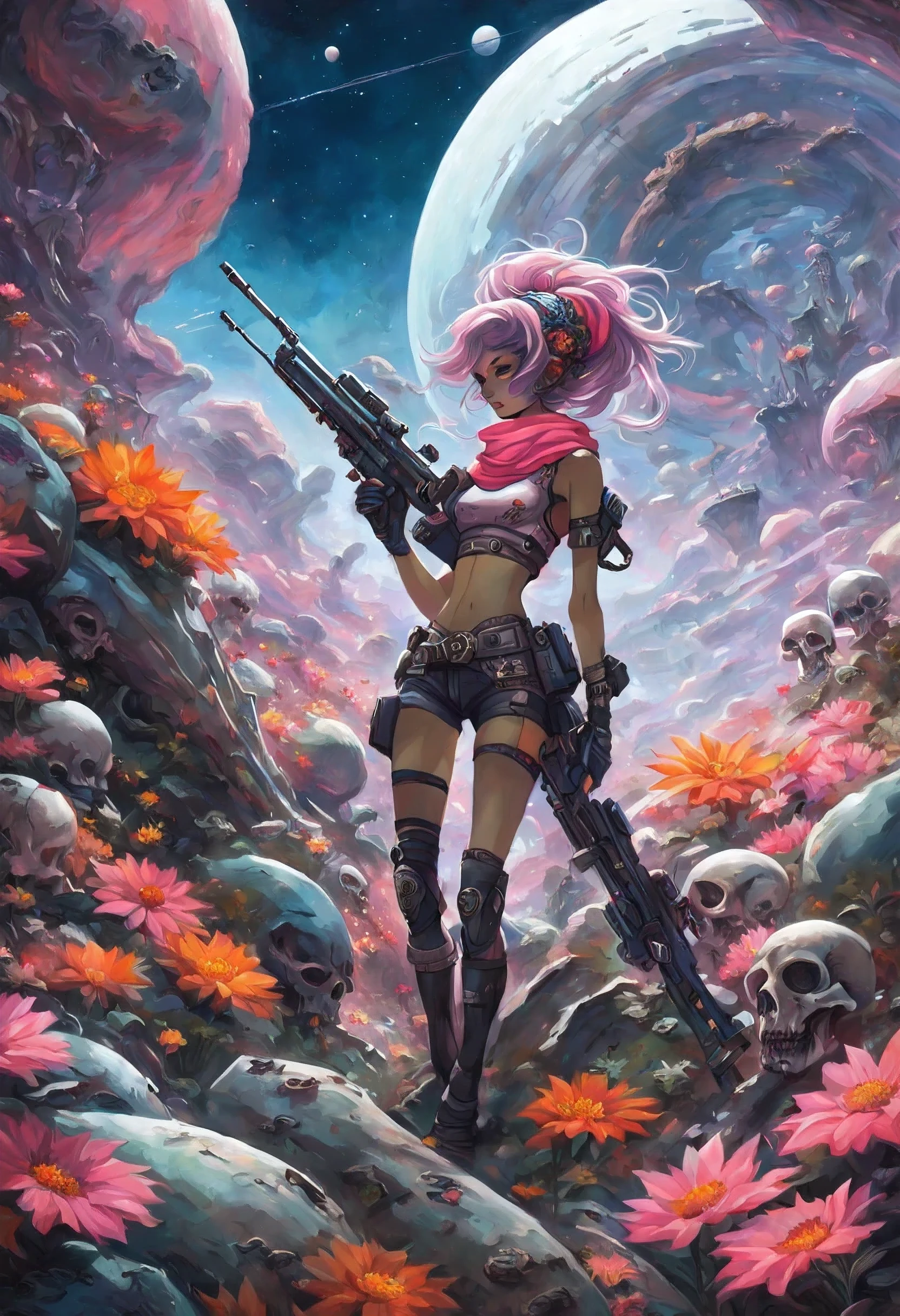 "A detailed painting of a alien Girl dressed as a space ranger, Shooting A Sniper Rifle Lying down in an extraterrestrial landscape adorned with vibrant, otherworldly flowers, Space ship Wreks. Science fiction wonderland, imaginative, space adventure.",More Detail,,Yoko Littner,yl1, ponytail, scarf, bikini top only, short shorts, midriff, belt, fingerless gloves, skull hair ornament, elbow gloves, pink thighhighs