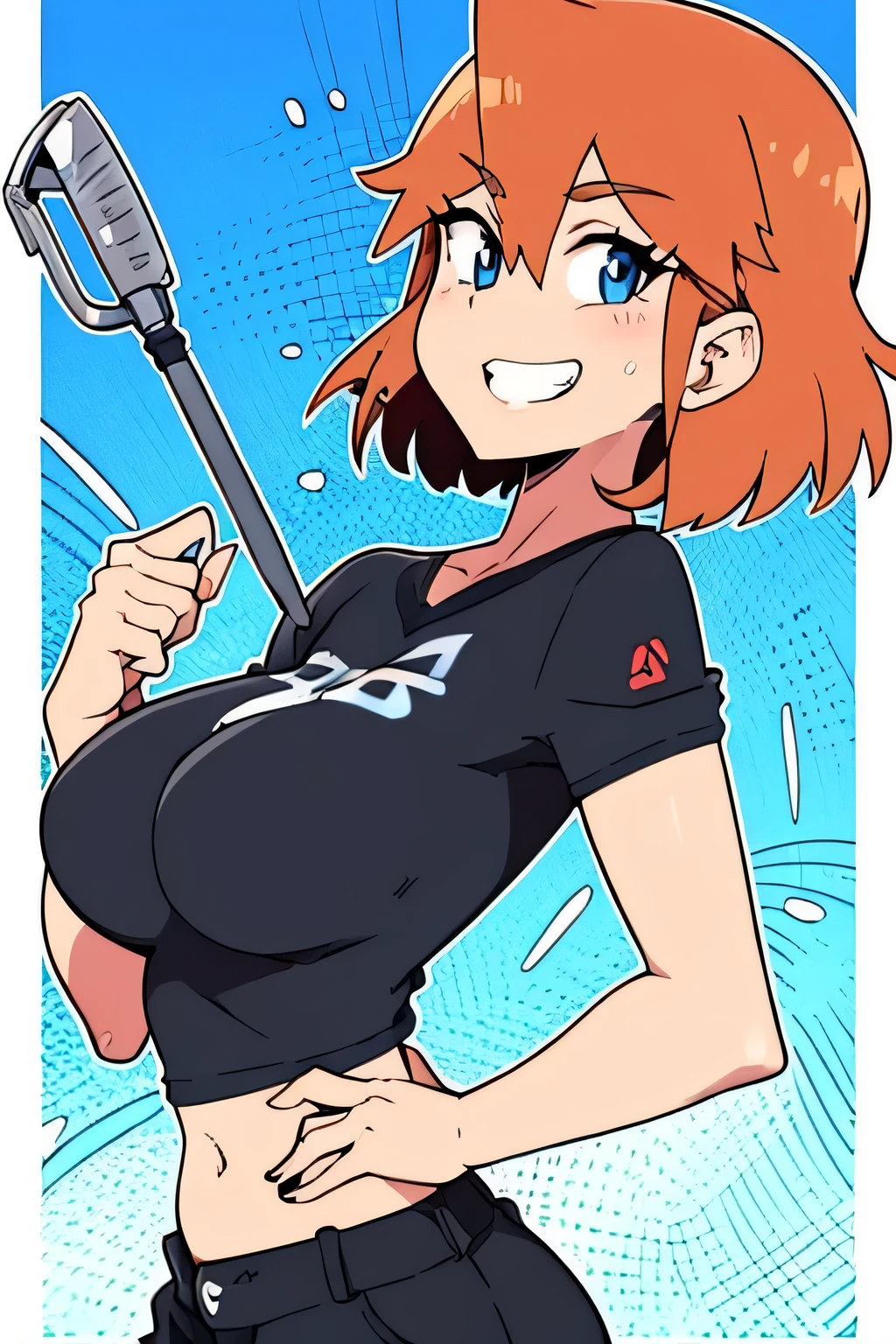Orange hair, Blue eyes, Short hair, Looking at Viewer, Upper body, Standing, Short shorts, Red shorts, Black shirt, Midriff, T-shirt, Smile, 牙, masutepiece, Best Quality,