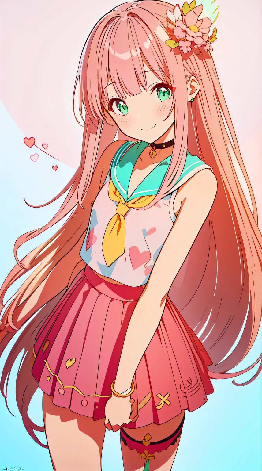 ((((with pink hair,)))),((Emerald pupils,bluntbangs,long whitr hair,)))1 girl,cow boy shot,Permanent,flower field, slope,(micro sailor shirt,green mini skirt,Sleeveless,,Absolute opportunity,stocklings,Sailor's cap,thigh band),(The sun is dazzling,god light,Ray traching),Perfect big watery eyes, character design,((cute face)),cute anime face, kawaii , stylized anime,Little idol, Anime cute art style, 详细的脸,16k,k hd,little proud smile,Blushing with joy,Neat face, (tmasterpiece,Best quality at best)
