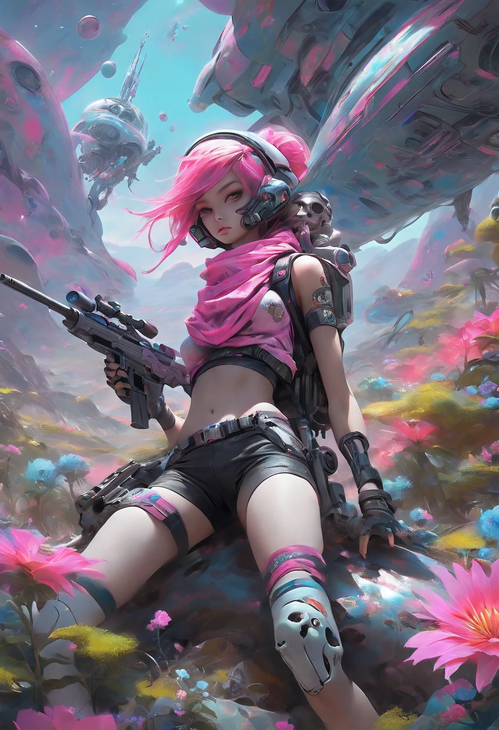 "A detailed painting of a alien Girl dressed as a space ranger, Shooting A Sniper Rifle Lying down in an extraterrestrial landscape adorned with vibrant, otherworldly flowers, Space ship Wreks. Science fiction wonderland, imaginative, space adventure.",More Detail,,Yoko Littner,yl1, ponytail, scarf, bikini top only, short shorts, midriff, belt, fingerless gloves, skull hair ornament, elbow gloves, pink thighhighs