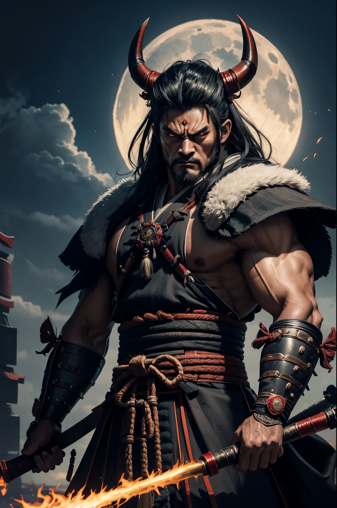 8K,There&#39;s a demon man with a big metal club., triangular devil villain, samurai with demon mask, Devil Samurai, Devil Samurai戦士, Demon Samurai, , muscular macho body,Onmyojiの肖像画, samurai portrait, Samurai Portrait, feudal japan art, Onmyoji, handsome japanese demon boy, oni horns, moon bull samurai,angry expressions,Rugged look,has a very large metal rod,超A high resolution,A hyper-realistic,Fantasyart,character art,