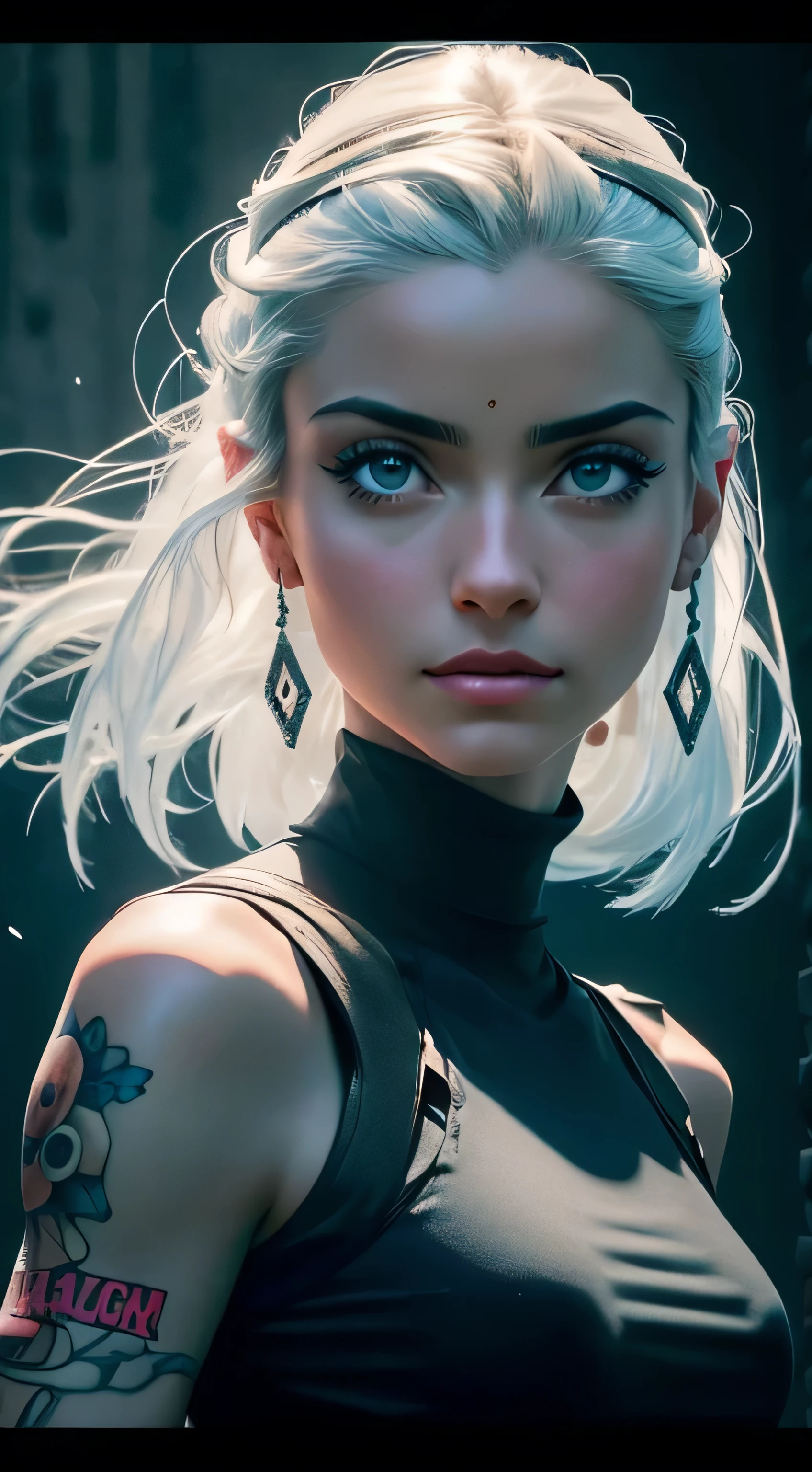 fotografiagrafia crua, ultra-detalhado fotografiarrealista, hiper-realista, anatomic, elegante, Estilo HR Giger, Estilo Joe Benitez, 8k, melhor qualidade, obra prima, extremamente delicado e lindo, extremamente detalhado, (realista, fotografiarrealista:1.37), incrivelmente absurdos, His posture is confident and determined, reflecting the courage and determination that make her such a captivating character. analogue style, Modelo estilo de tiro, Retrato RAW de 1girl, pele clara, white hair, cabelos brancos longos, skinny girl, slender girl, small breats, athletic, defined muscles, white cotton t-shirt, foco no rosto, ((beautiful face: 1.7, rosto perfeito:1.3)), (de cima:1.2), maquiagem escura sobre os olhos, red-lips, olhos realistas, olhos azuis, blue irises, a faint enigmatic smile, dedos realisticos, 5 dedos, melhor qualidade, epicotografia, Sony A7, 50 millimeters, Casais:1.5, cores, hiperdetalhado:1.5, filmic grain:1.4, hiper-realista: 1.5), textura realista hiper-realista, master part, Motor Unreal 5, extremamente detalhado CG unidade 8k papel de parede, Foto loucamente detalhada.