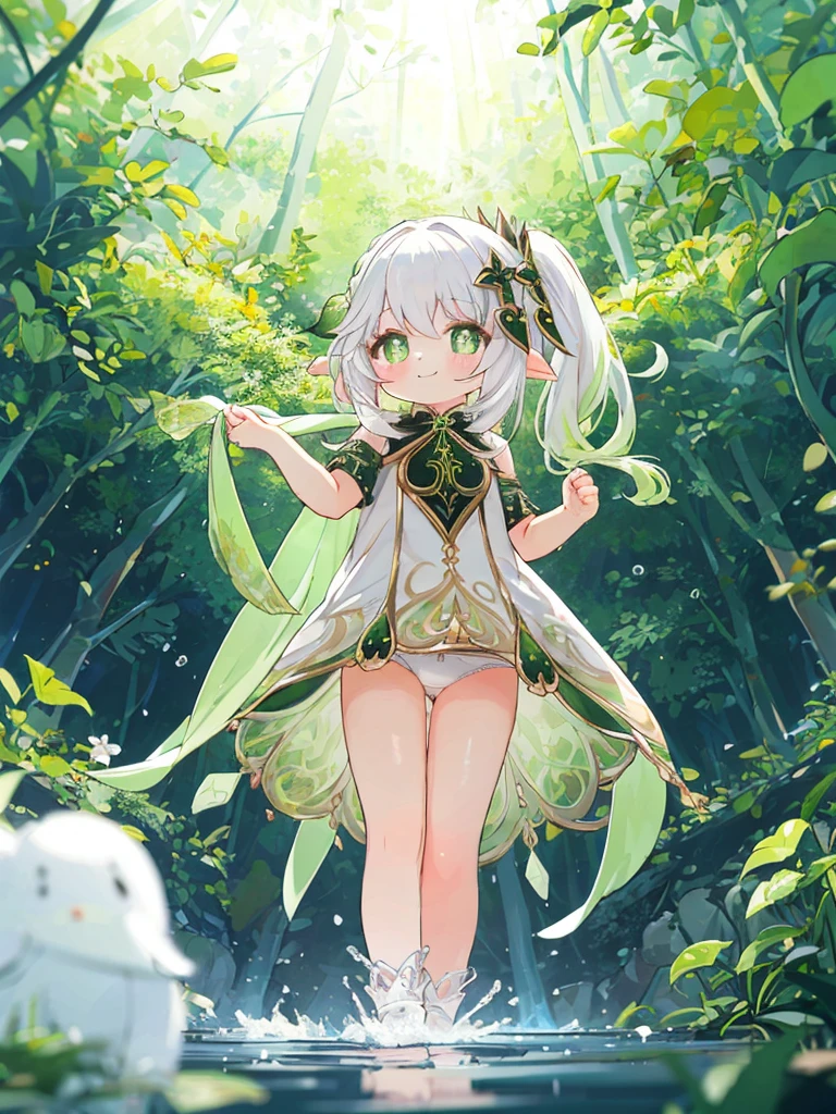 masterpiece, nahidadef, loli, standing, white panties, shiny skin, smile, looking at viewer, forest, field, water, from below, close shot, cinematic lighting,