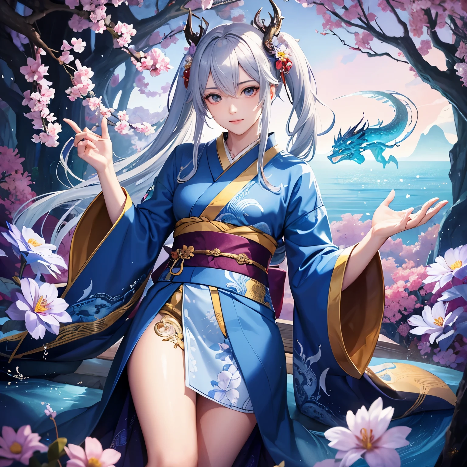male in his 20s、jpn、Fair skin、androgynous beauty、Silvery hair、length hair、poneyTail、kimono、haori、God of Water、Dragon God、Fantastical、opulent、flowers in background