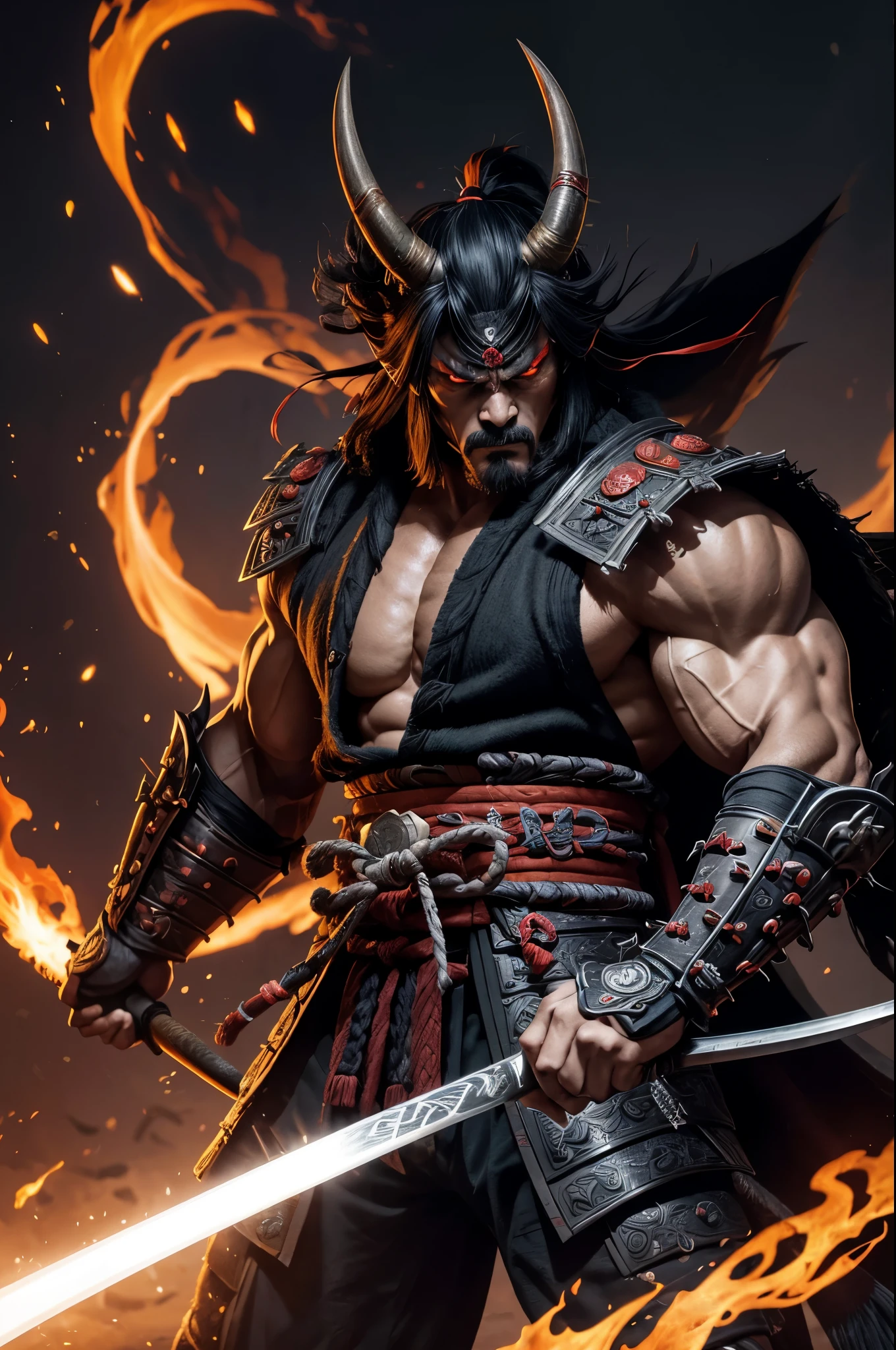 ((((Massive, tall, beautiful, buff, muscular light brown skinned female samurai with black hair, black lipstick, ginormous bulky muscles, holding a black fire sword and wearing an all black samurai armor with pants)))), {close view}, black eyeliner, massive muscles, large breast, massive biceps, hyper muscle triceps, (long straight hair), orange eyes, samurai boots, In a battlefield, sleeveless, steel samurai armor, nighttime, confident smile, hyper muscles arms, hyper muscle legs, ginormous arms
