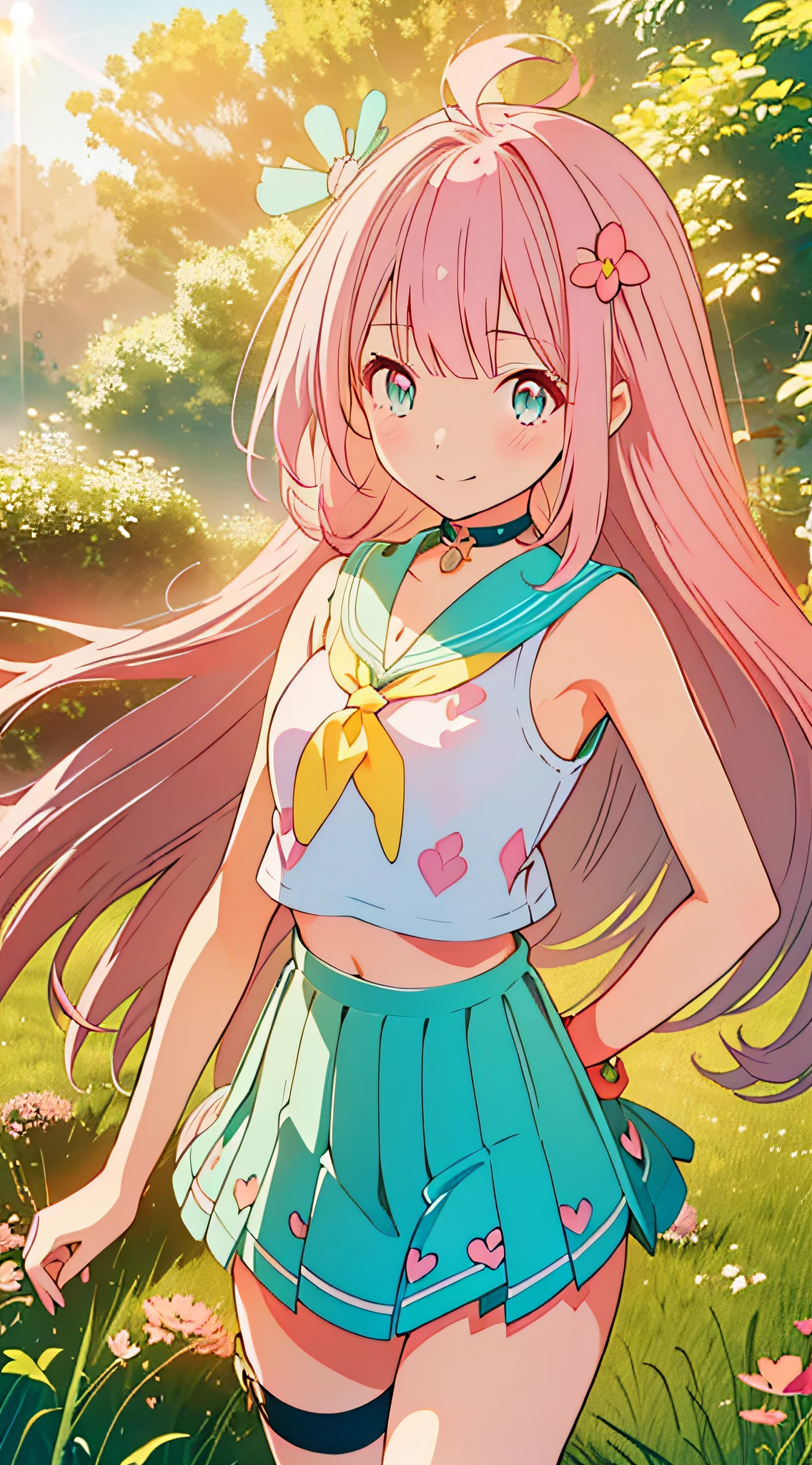 ((((with pink hair,)))),((Emerald pupils,bluntbangs,long whitr hair,)))1 girl,cow boy shot,Permanent,flower field, slope,(micro sailor shirt,green mini skirt,Sleeveless,,Absolute opportunity,stocklings,Sailor's cap,thigh band),(The sun is dazzling,god light,Ray traching),Perfect big watery eyes, character design,((cute face)),cute anime face, kawaii , stylized anime,Little idol, Anime cute art style, 详细的脸,16k,k hd,little proud smile,Blushing with joy,Neat face, (tmasterpiece,Best quality at best)