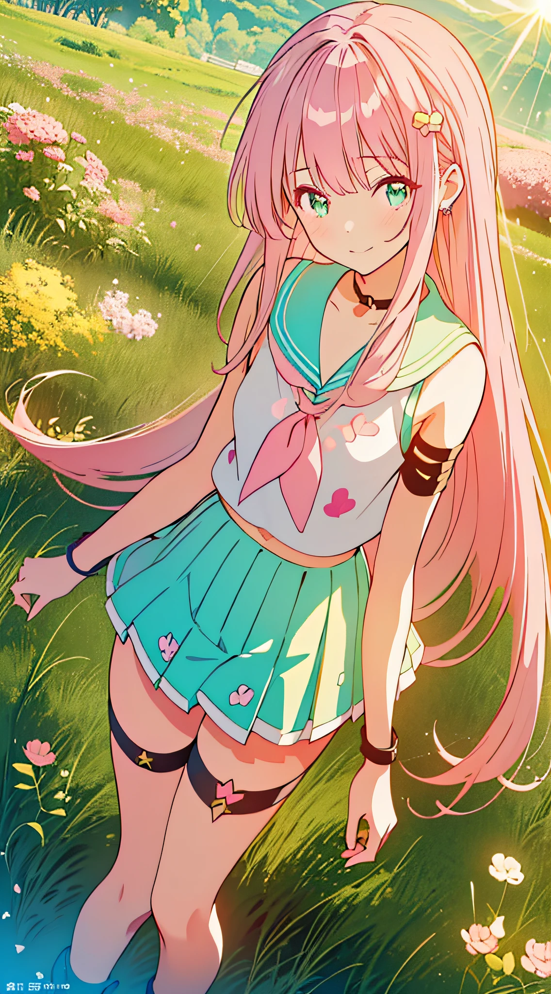 ((((with pink hair,)))),((Emerald pupils,bluntbangs,long whitr hair,)))1 girl,cow boy shot,Permanent,flower field, slope,(micro sailor shirt,green mini skirt,Sleeveless,,Absolute opportunity,stocklings,Sailor's cap,thigh band),(The sun is dazzling,god light,Ray traching),Perfect big watery eyes, character design,((cute face)),cute anime face, kawaii , stylized anime,Little idol, Anime cute art style, 详细的脸,16k,k hd,little proud smile,Blushing with joy,Neat face, (tmasterpiece,Best quality at best)