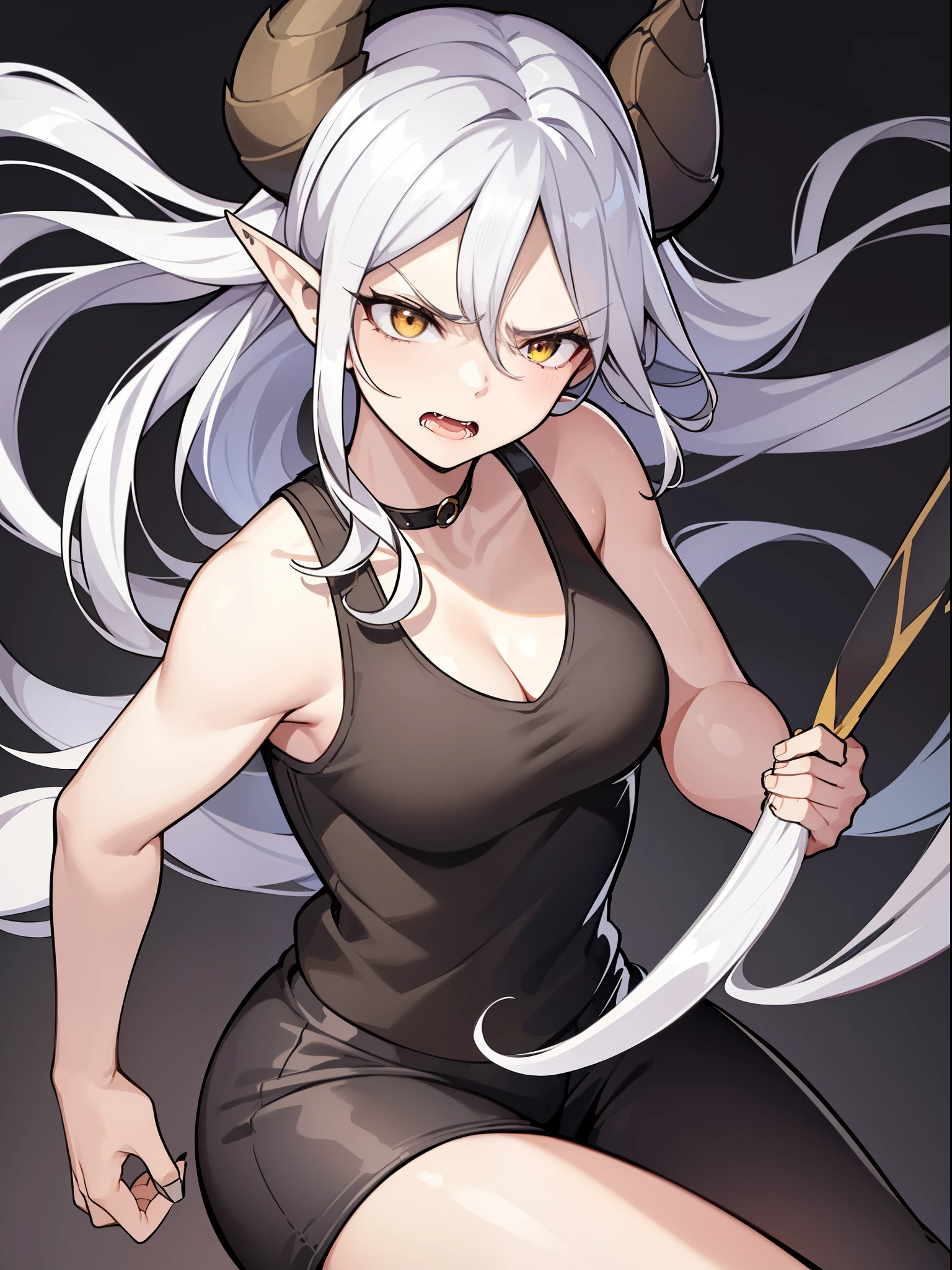 1girl,20s,solo,mature female,medium breasts,long hair, white hair,(((villain,psycho,psychopath, angry))),cleavage,horns,elf ears,yellow scarf,yellow eyes,(((black tank top))),(white background, line drawing),portrait