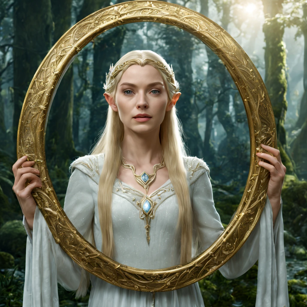 Lady of Lothlórien Galadriel Guardian of the Mirror from Lord of the Rings in an Elven village,ultra-high resolution, ultra-detailliert, high_resolution, realistisch, photorealistic, hyperrealistisches, Meisterwerk, Unique piece, cinematic, 4k, 8k