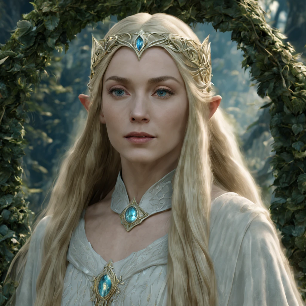 Lady of Lothlórien Galadriel Guardian of the Mirror from Lord of the Rings in an Elven village,ultra-high resolution, ultra-detailliert, high_resolution, realistisch, photorealistic, hyperrealistisches, Meisterwerk, Unique piece, cinematic, 4k, 8k