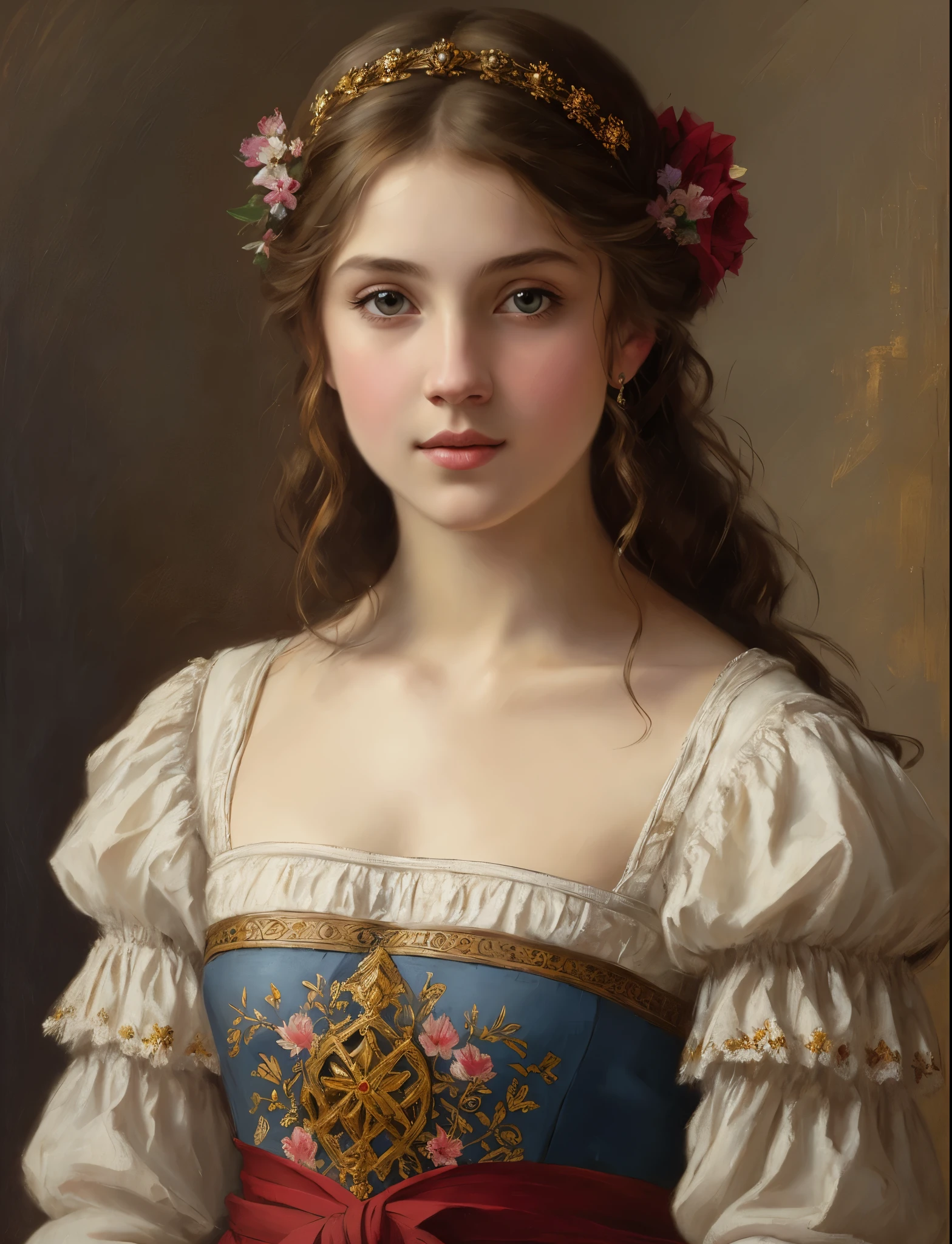portrait, girl, middle ages, classicism, andrey atroshenko style, painting, traditional media, realistic, figurative, fine art, oil on canvas, HDR, 8K, original character, high resolution, high detail, focus on the face