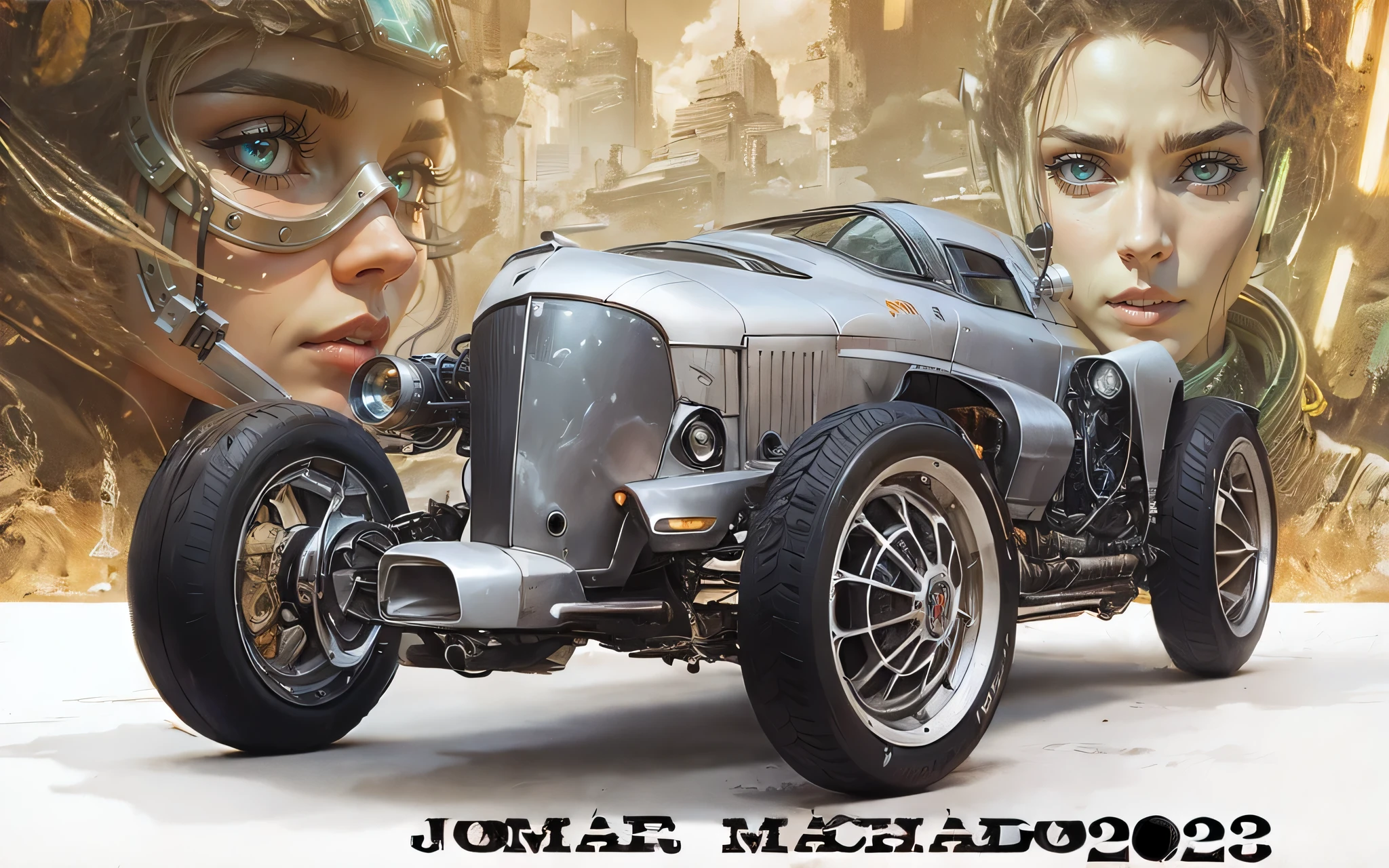 A possible Cyberpunk race car in the foreground, on the back there is a beautiful cyberpunk pilot in a cyberpunk outfit and on the other side there is a beautiful female cyberpunk pilot, ao fundo uma cidade animada e agitada Cyberpunk