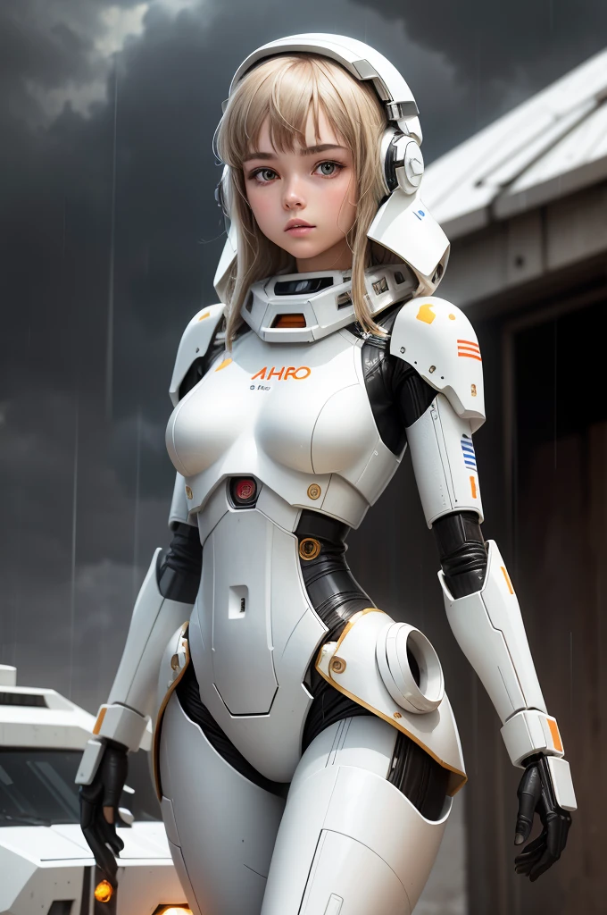 18 year old girl, white droid suit, mid lenght plain hair, bronze hair, beautiful face, rain, roof, masterpiece, exquisite details, perfect anatomy, sexy, hot