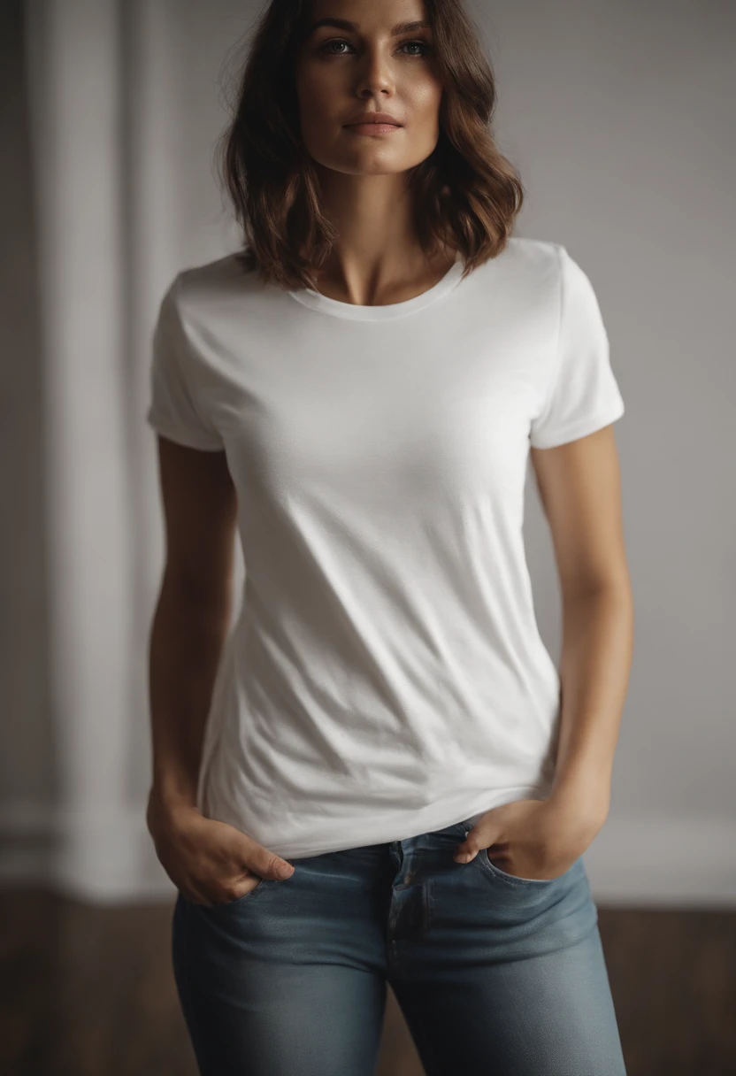 a minimalistic shot of a white t-shirt on a wooden background, with a simple and understated design placed strategically on the chest area, emphasizing the design’s impact and ensuring it stands out against the clean backdrop