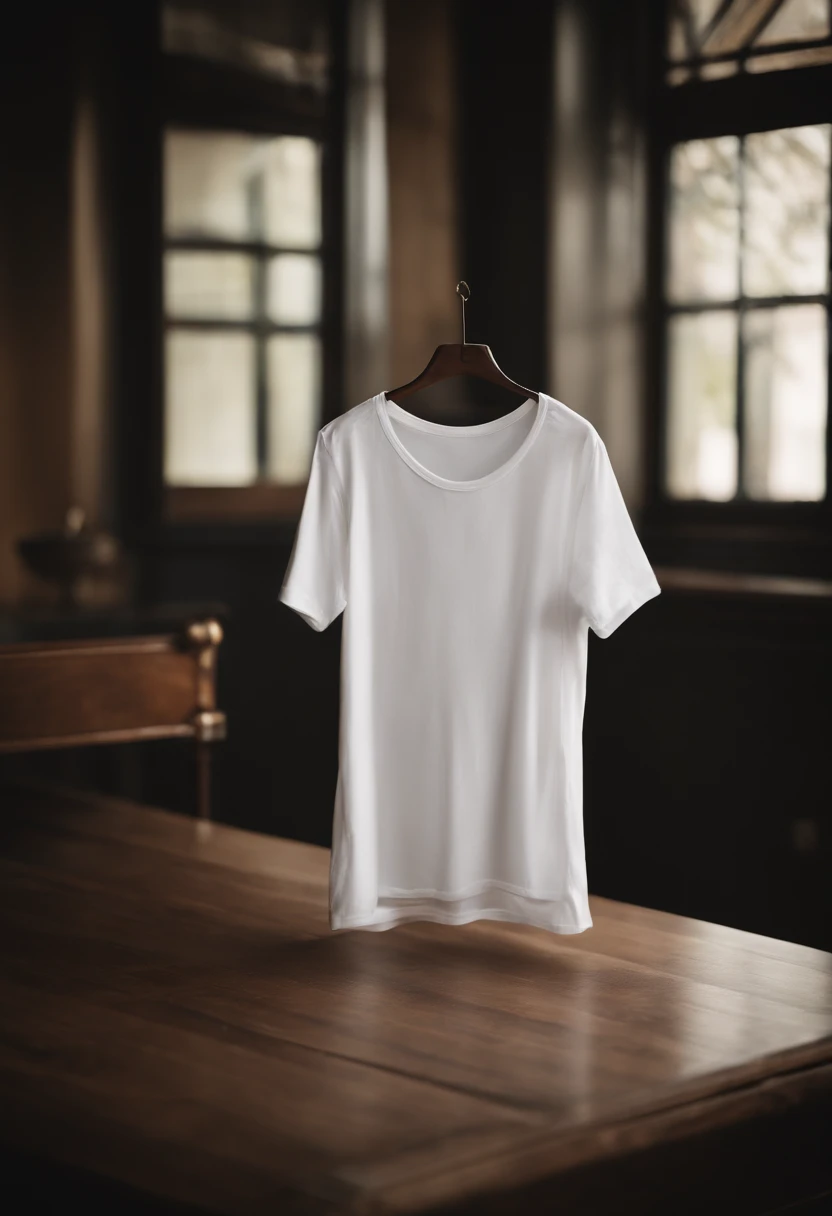 a minimalistic shot of a white t-shirt on a wooden background, with a simple and understated design placed strategically on the chest area, emphasizing the design’s impact and ensuring it stands out against the clean backdrop