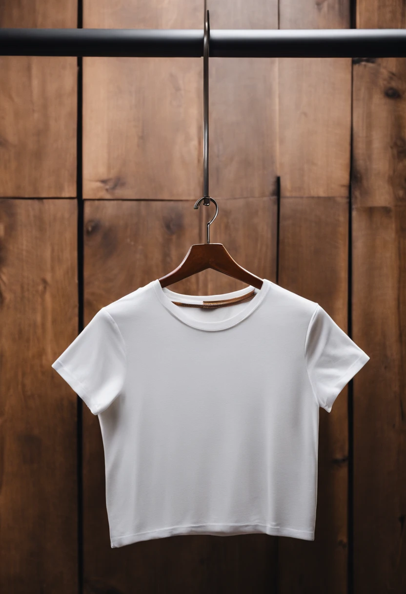 a top-down shot of a white t-shirt placed on a wooden hanger against a wooden background, providing a simple and elegant presentation of the design, as if it were ready to be worn