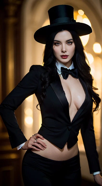 1woman,tuxedo,sexy,no underwear,magical wand,black top hat,(highest quality,4k,8k,highres,masterpiece:1.2),ultra-detailed,(realistic,photorealistic,photo-realistic:1.37),professional,portrait,dark colors,dramatic lighting,zatanna