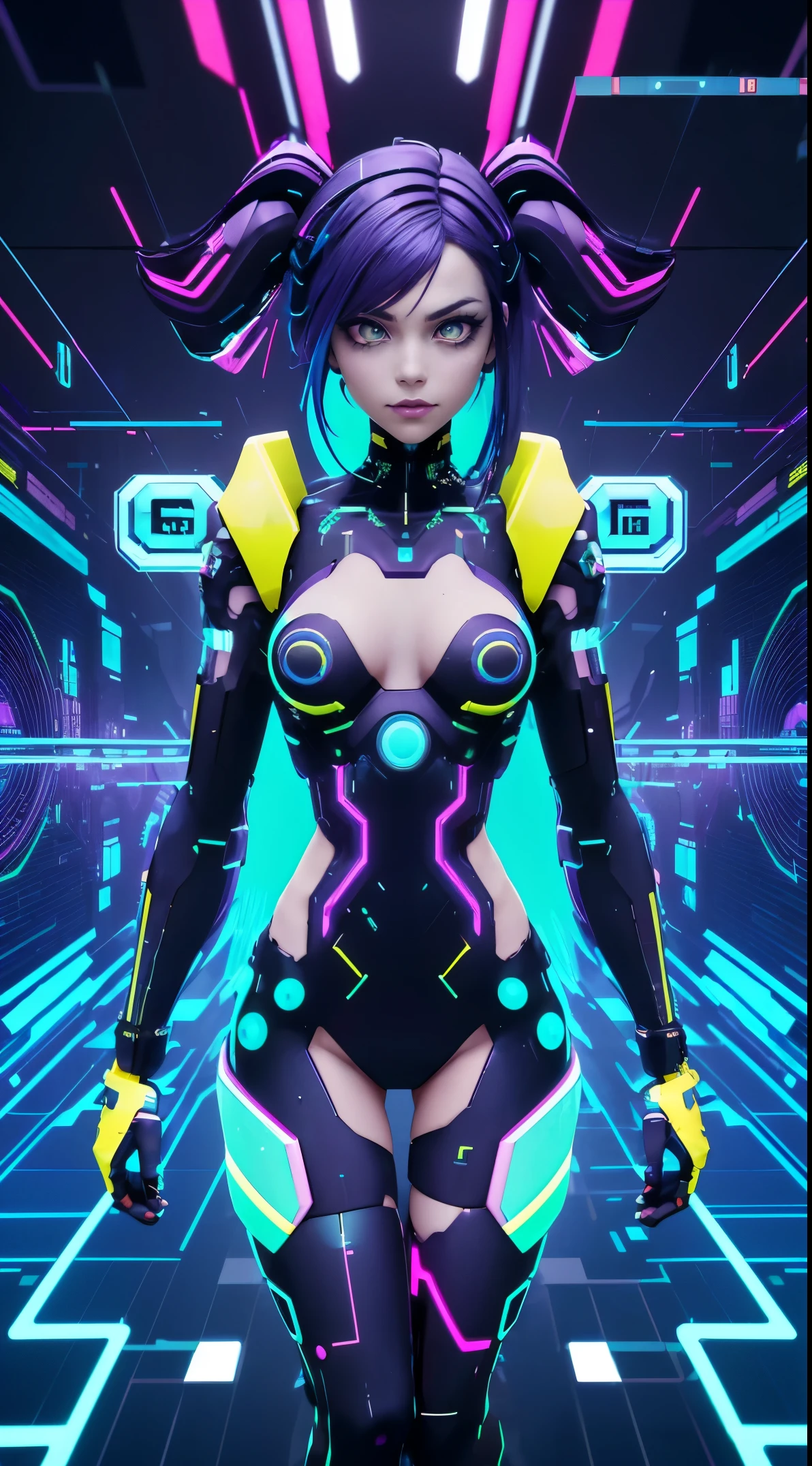 solo, 1girl, full body nude, (electric Aqua Purple hair), (electric yellow eyes), ((Cyber punk outfit)), (symmetrical eyes), (Perfect face), (Perfect Anatomy), (looking at viewer), (cyber shot), ((Glitch Art background)), (glitch art:1.3) ((glitch effect)), (8k), (HD), (Cinematography)