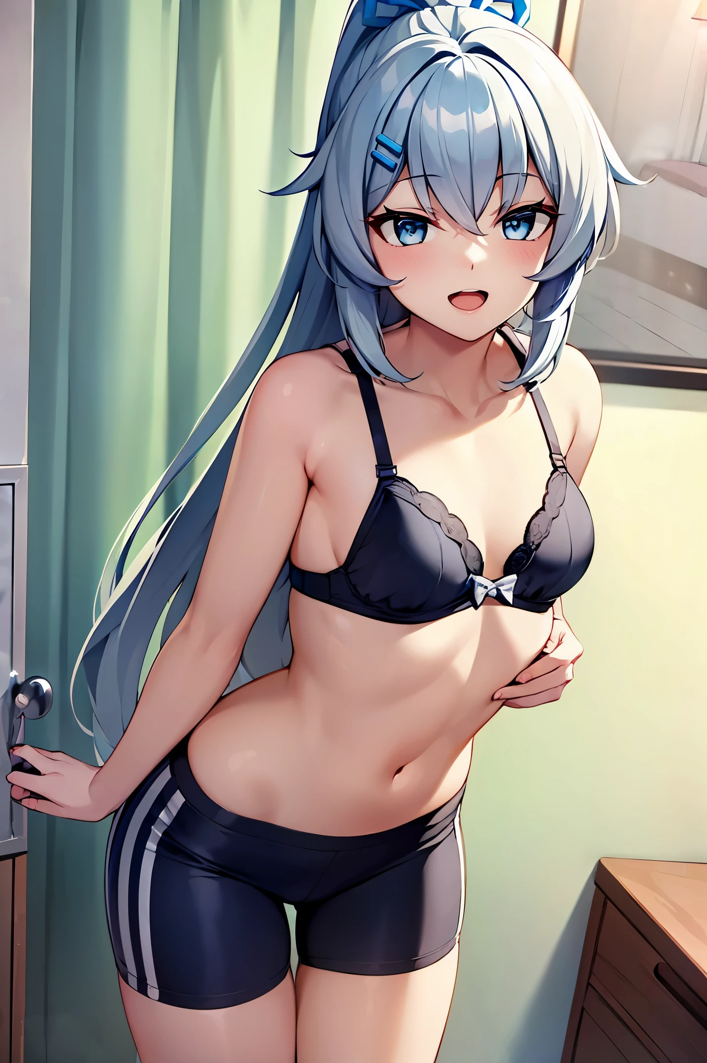 1 girl, best quality, ultra high res, long hair, bangs, ponytail, grey hair, long hair, grey eyes, hair ornament, shigure kira, looking at viewers, small breast, standing, pov, slim body, body, small body, short body, smile, open mouth, bra, white bra, bike shorts, bedroom, white bed sheets,
