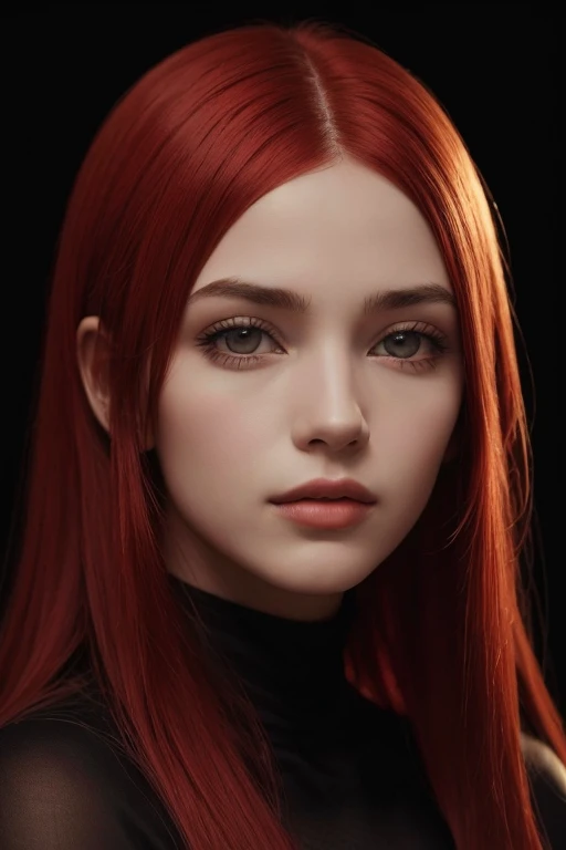 1girl, olho de estrela, corar, perfect  lighting, red hair, olhos vermelhos, Motor irreal, side-lighting, Rosto detalhado, franja, pele brilhante,  Background Story, dark Background Story,