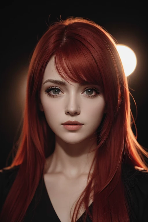 1girl, olho de estrela, corar, perfect  lighting, red hair, olhos vermelhos, Motor irreal, side-lighting, Rosto detalhado, franja, pele brilhante,  Background Story, dark Background Story,