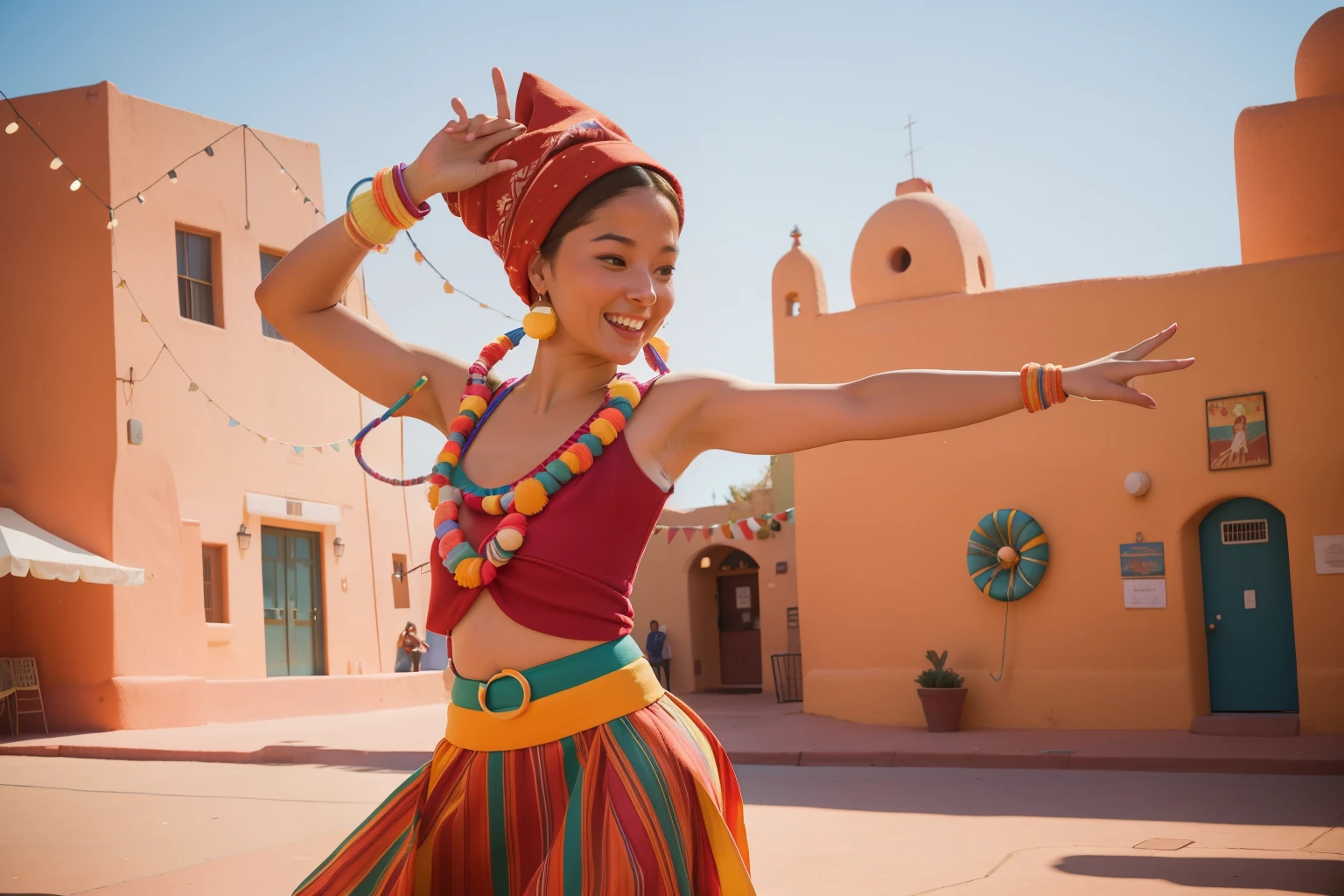 December 2023. Lighthearted Hoop Dancing in Santa Fe, USA.
Description: A spirited young woman with a vibrant headscarf spins hula hoops with joyful abandon in a Santa Fe plaza. The rhythmic hoop dancing, colorful Southwestern attire, and the surrounding adobe architecture create a lively Wes Anderson-inspired December hoop dance.